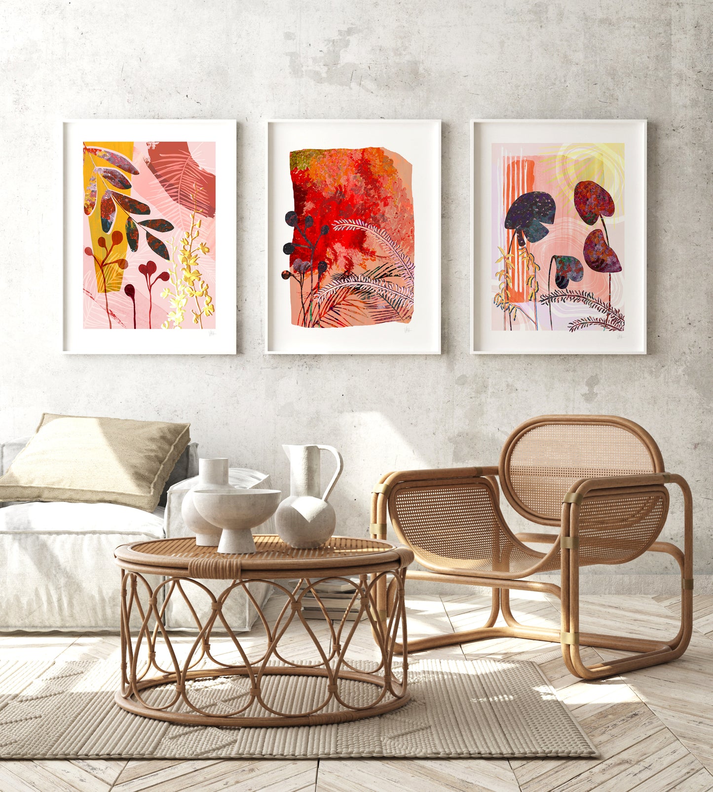 Modern Neutral Dining room with red terracotta botanical wall art