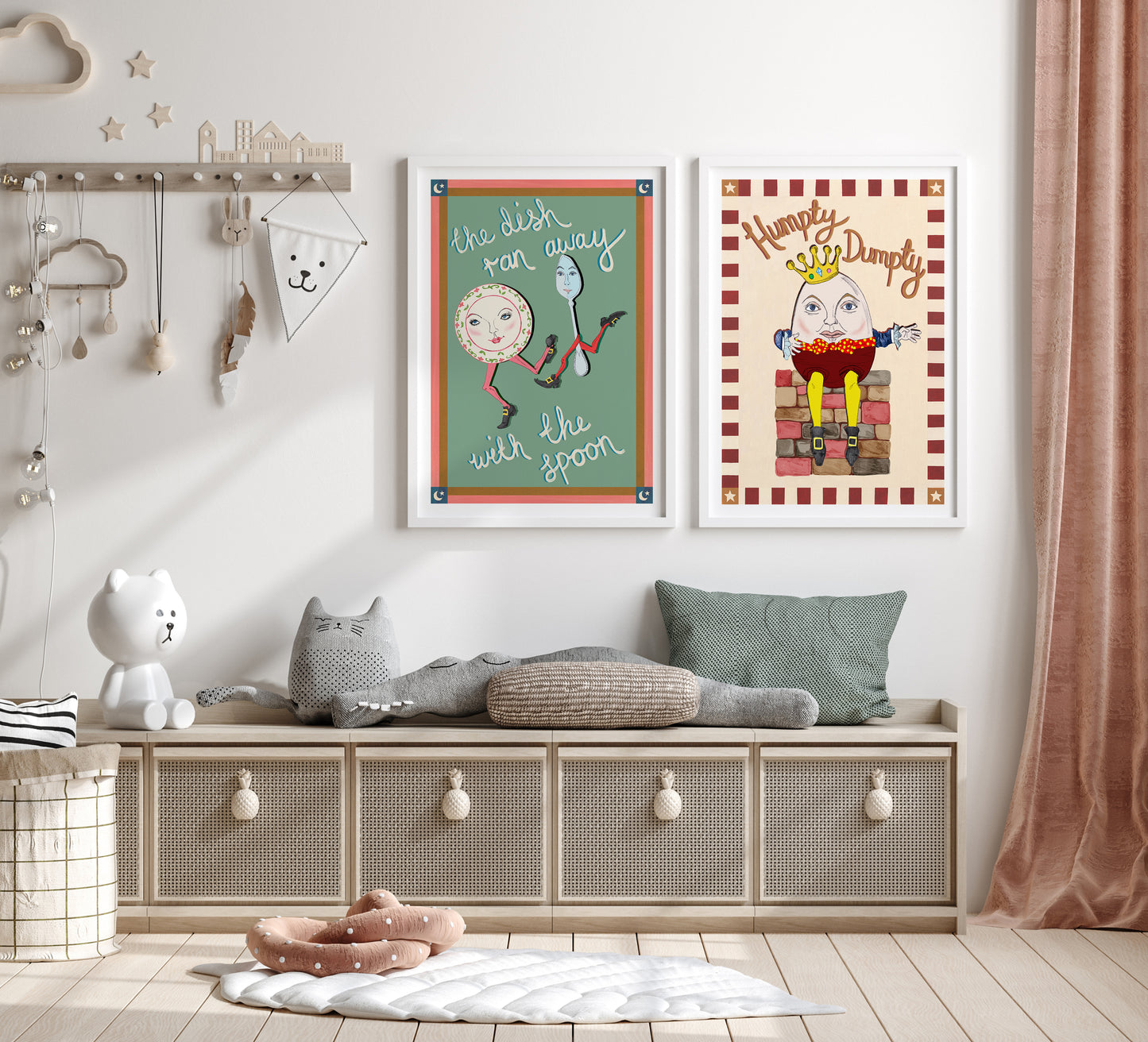 Children's room with framed posters on the wall, a bench with toys, and decorative items.