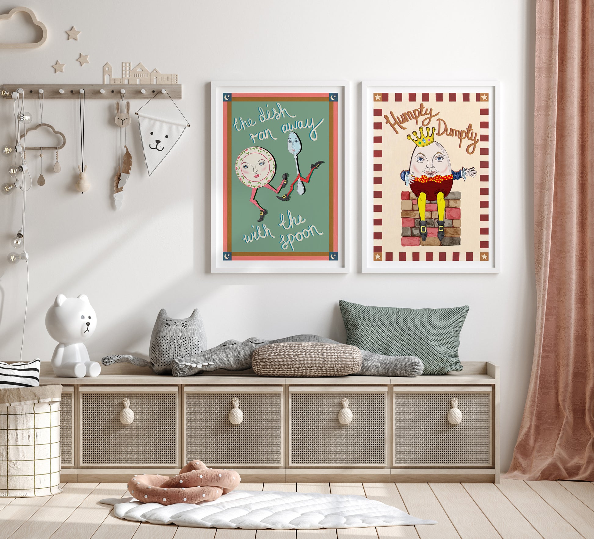 Children's room with framed posters on the wall, a bench with toys, and decorative items.