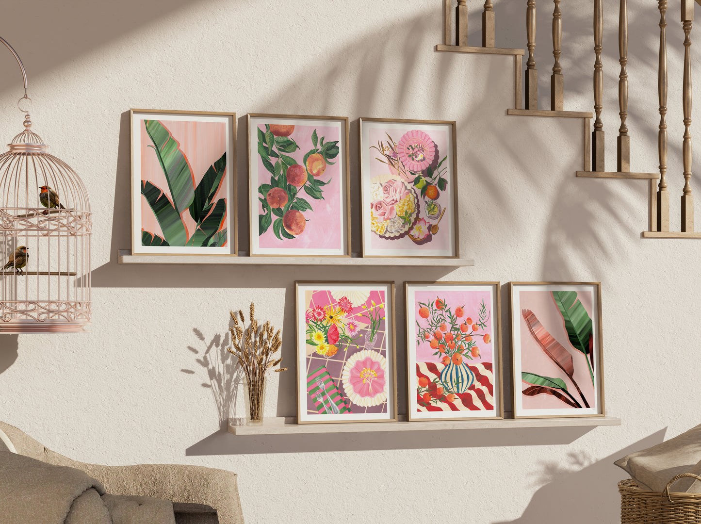 Framed floral prints on a wall with a birdcage and decorative items.