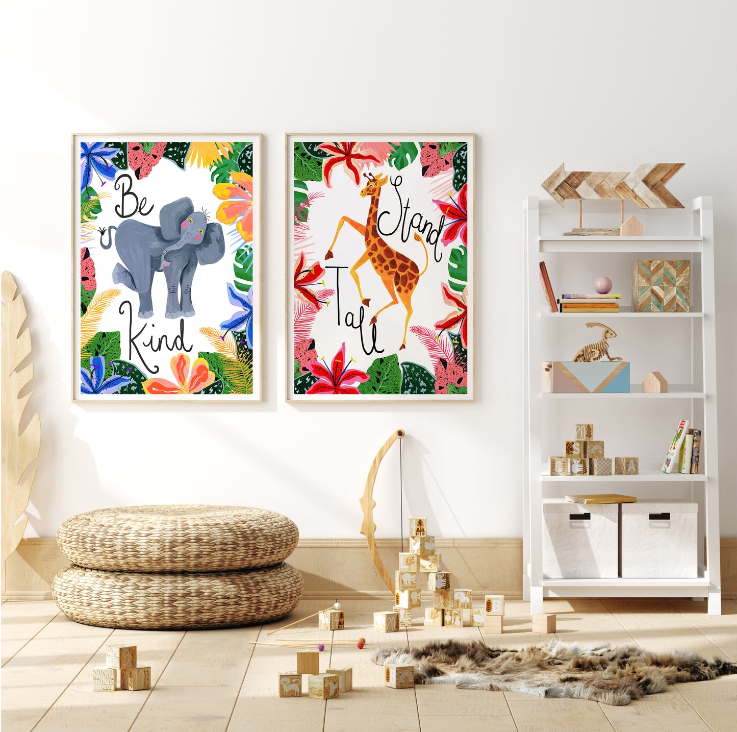 Children's room with colorful wall art, a bookshelf, and toys.