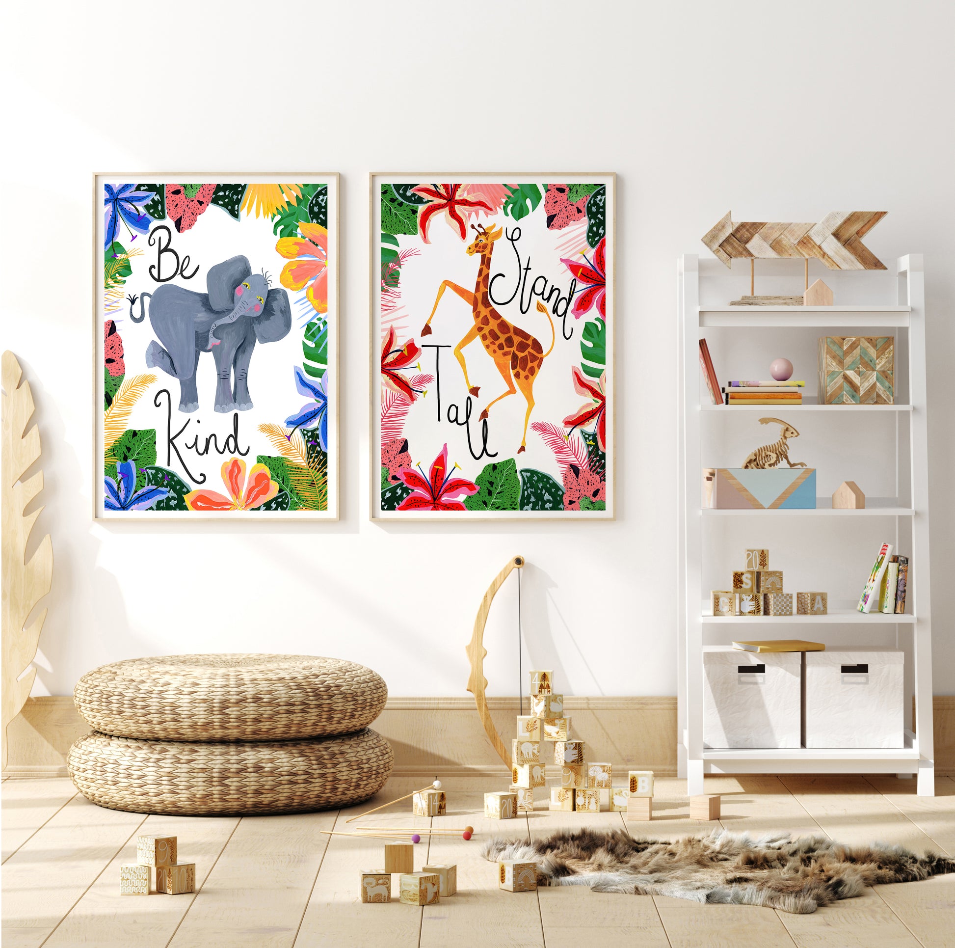 Children's room with colorful wall art, a bookshelf, and toys.