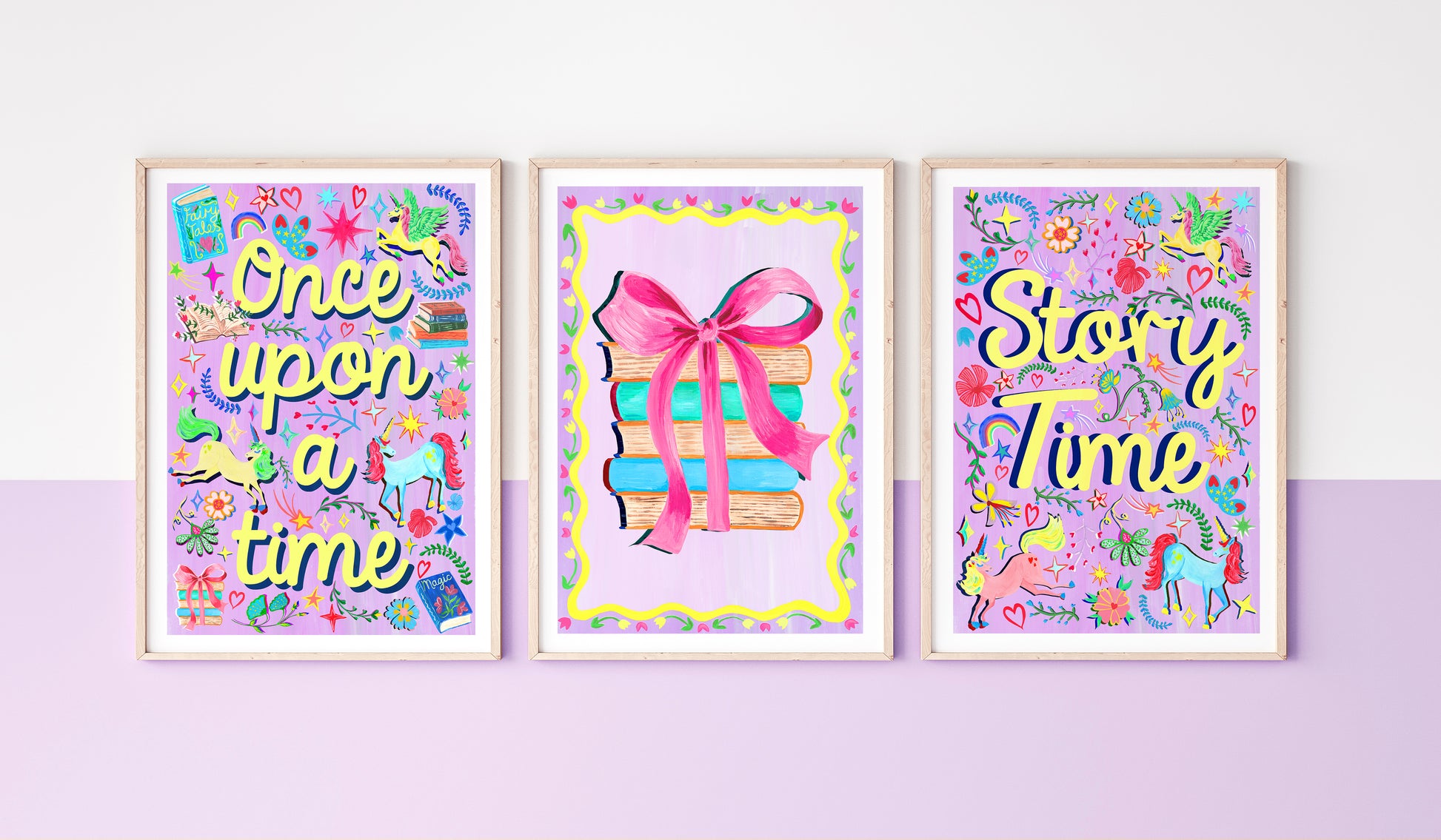 Three colorful framed prints with 'Once upon a time', 'Story Time', and a gift box design on a purple background.