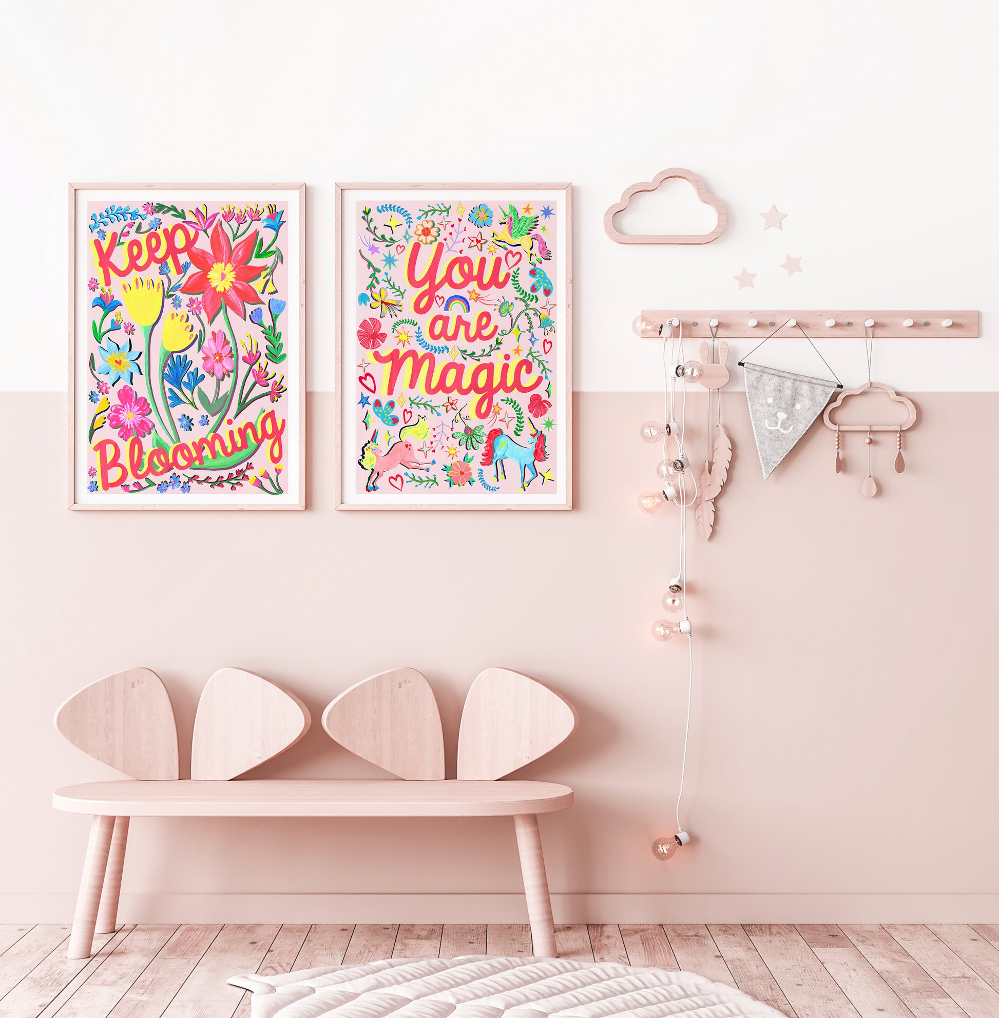 Children's room with colorful wall art and a wooden bench.