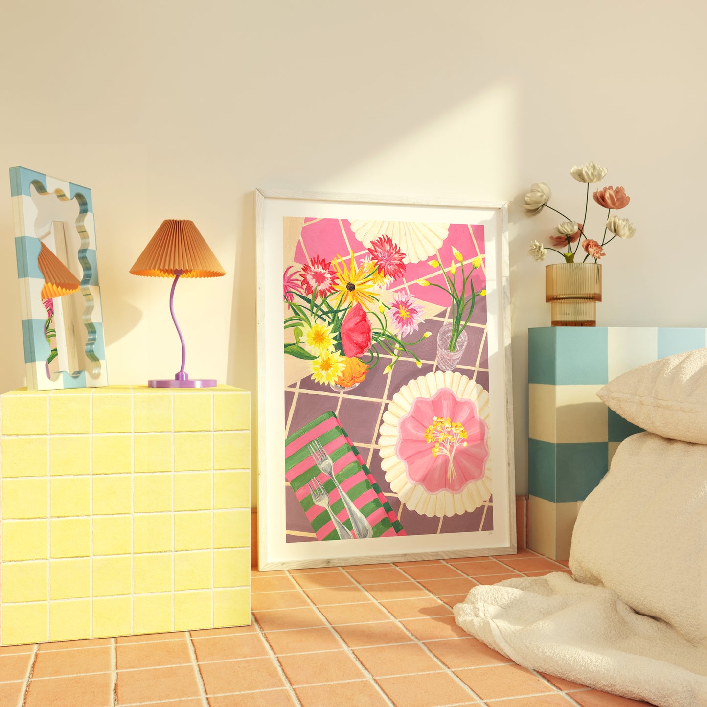 Decorative room interior with a colorful floral print, lamp, and striped cabinet.