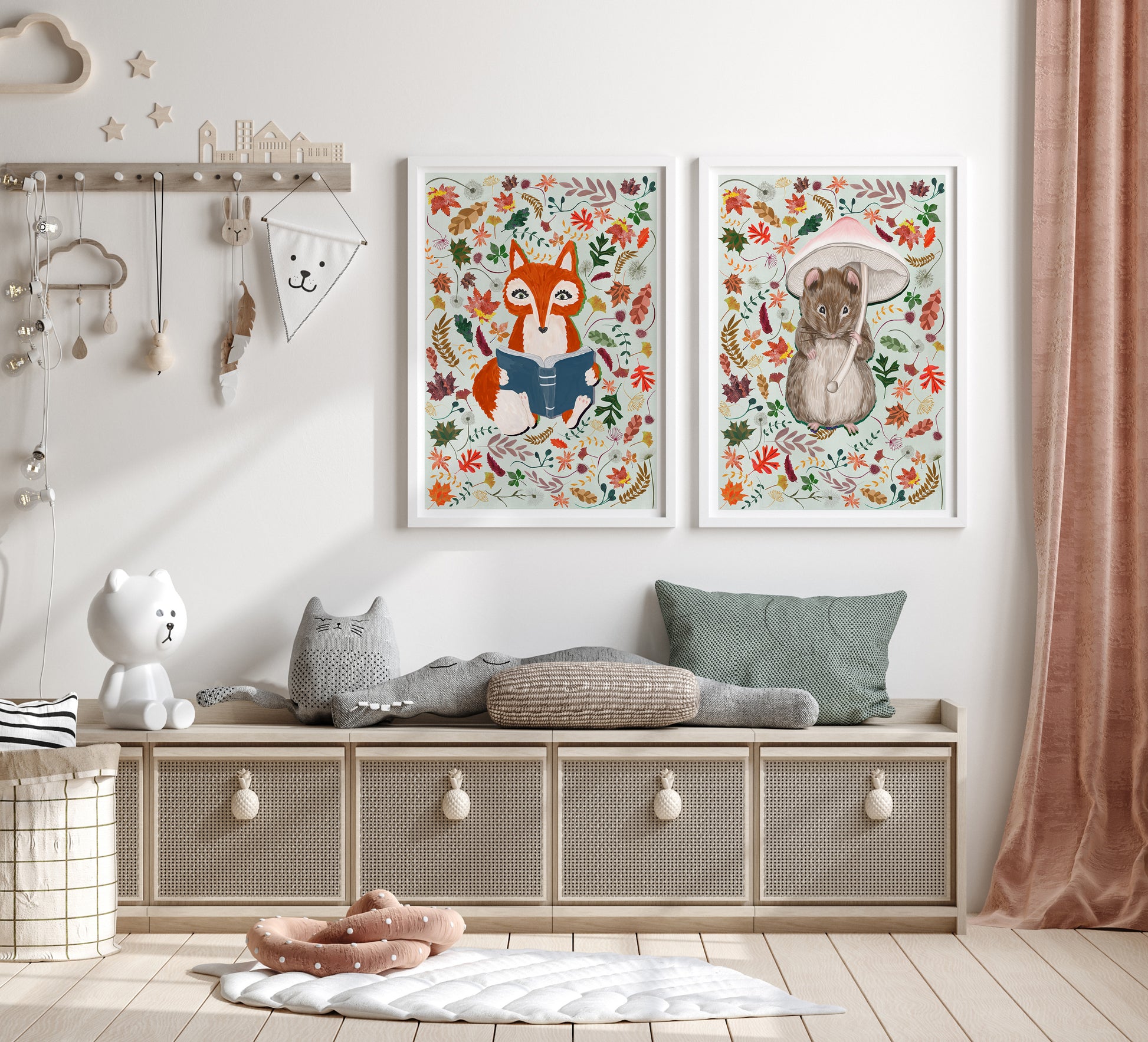 Children's room with wall art featuring fox and bear, a bench, and toys.