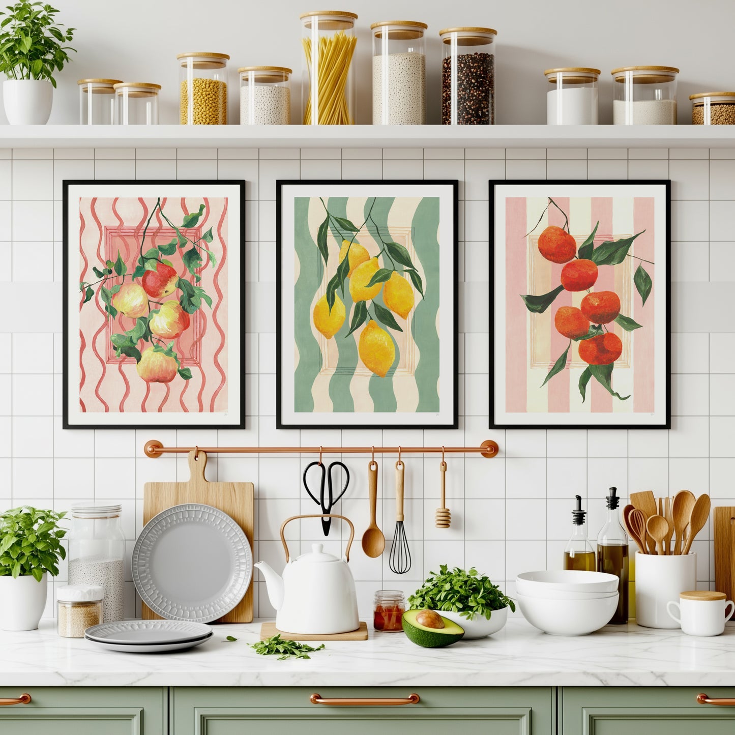 Kitchen interior with fruit-themed wall art and kitchenware.