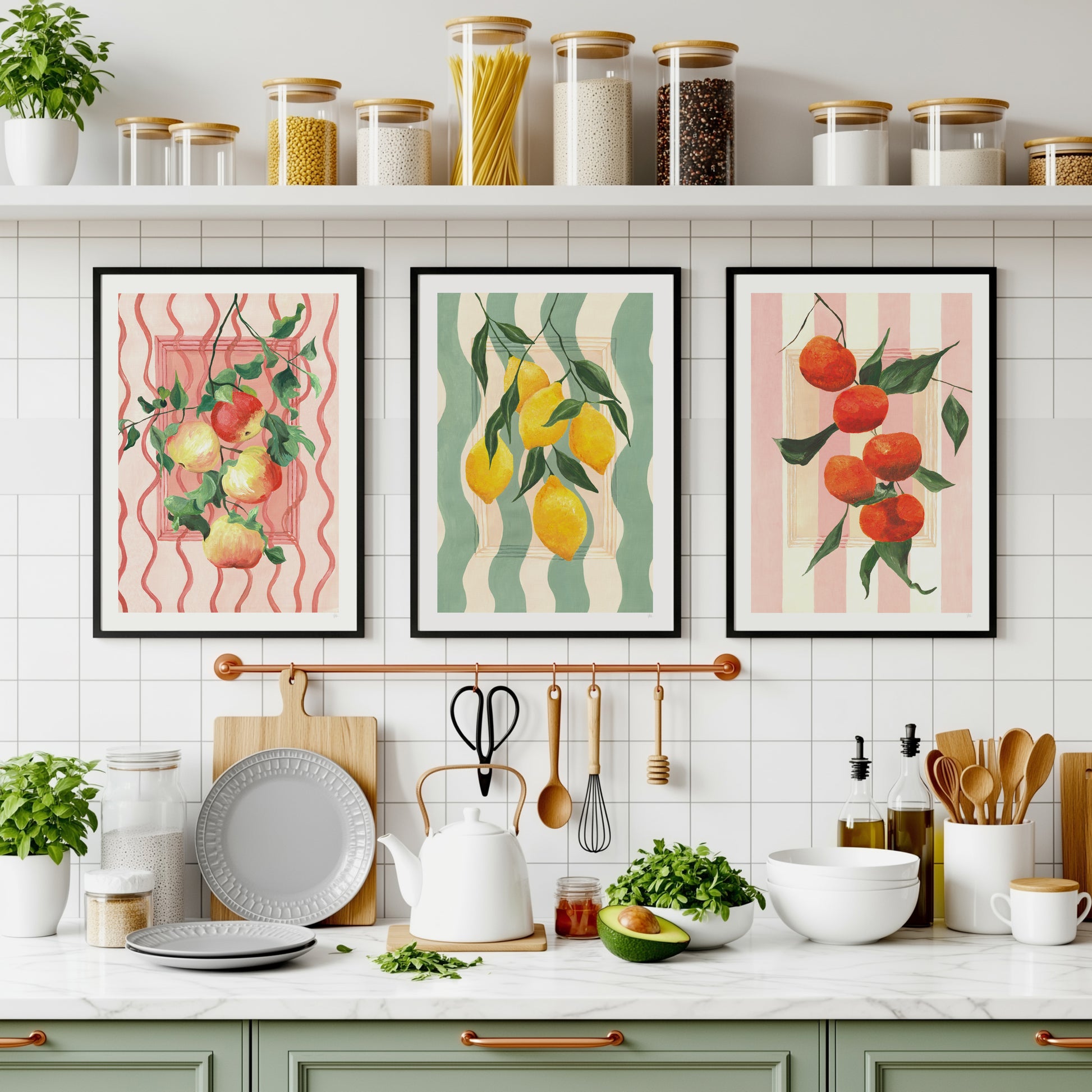 Kitchen interior with fruit-themed wall art and kitchenware.