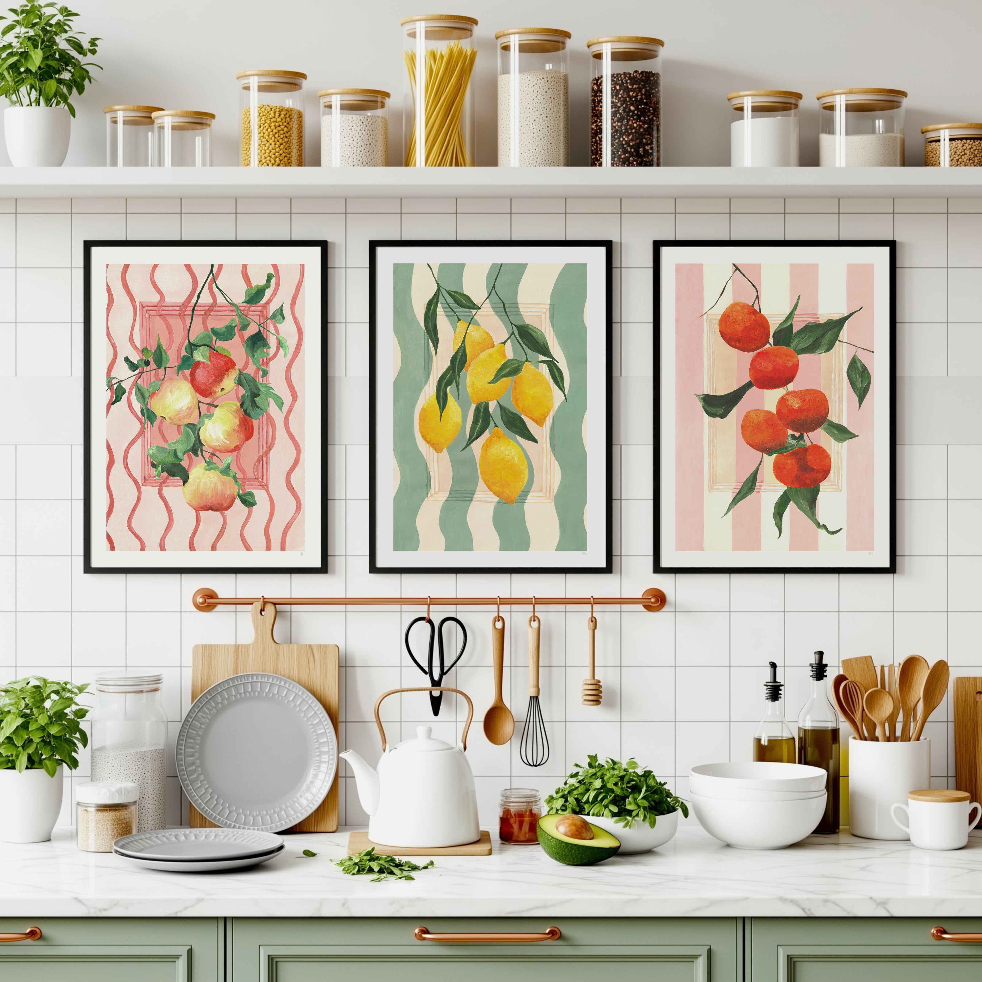 Kitchen interior with fruit-themed wall art and kitchenware.
