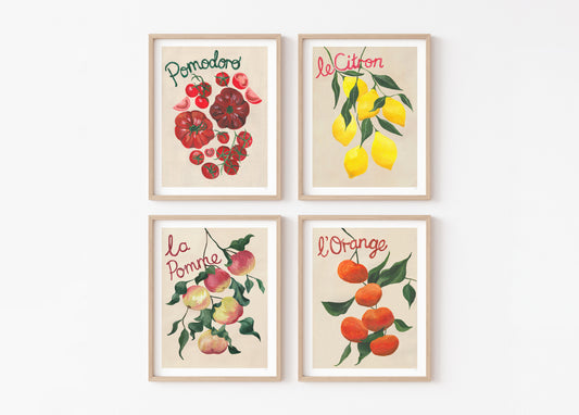 Four framed prints of fruits with text on a white background