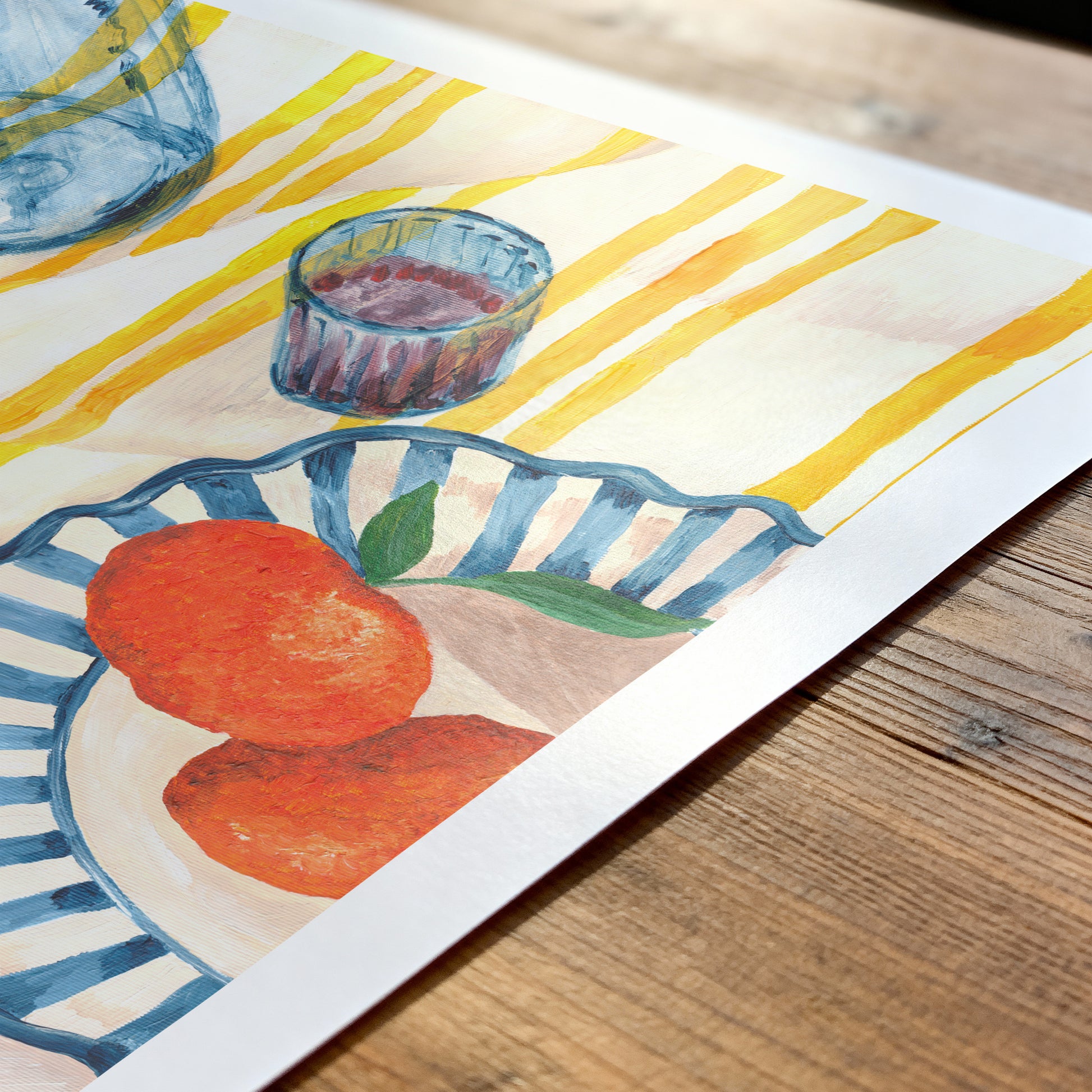 Artistic depiction of fruits and a bowl on a striped background