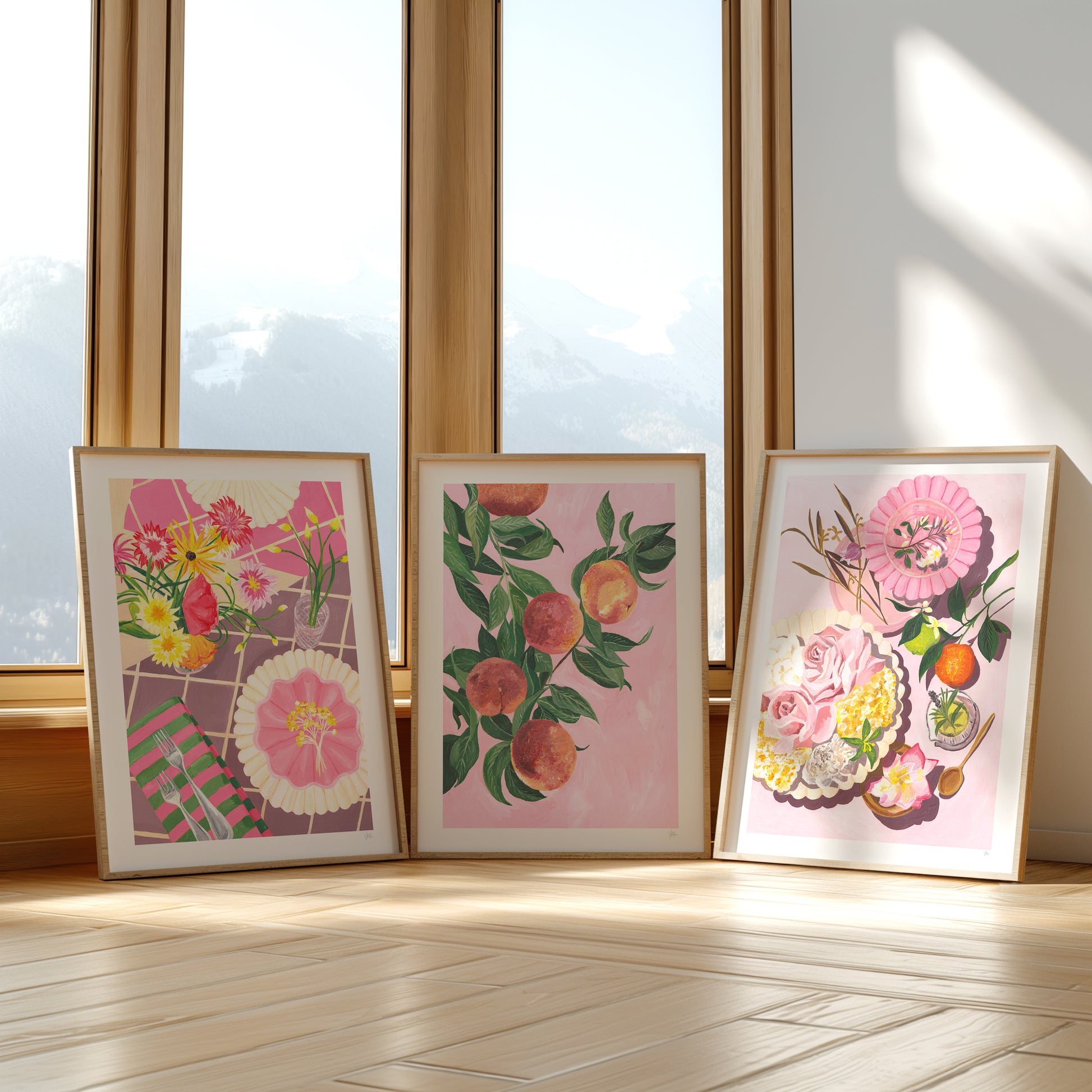 a set of still life tablescapes painted in a soft palette of pink and green colours