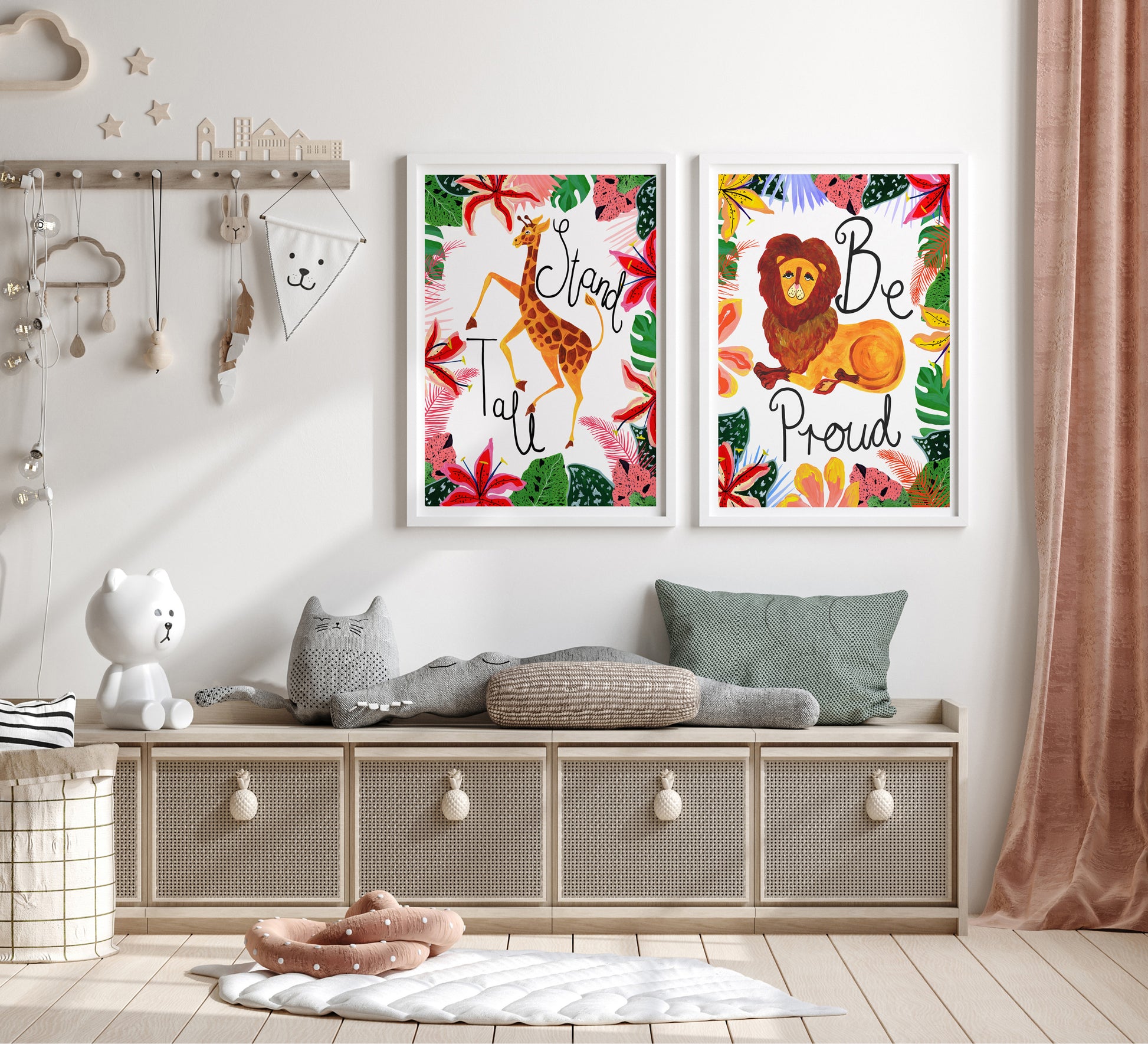Children's room with framed artwork, storage bench, and toys.