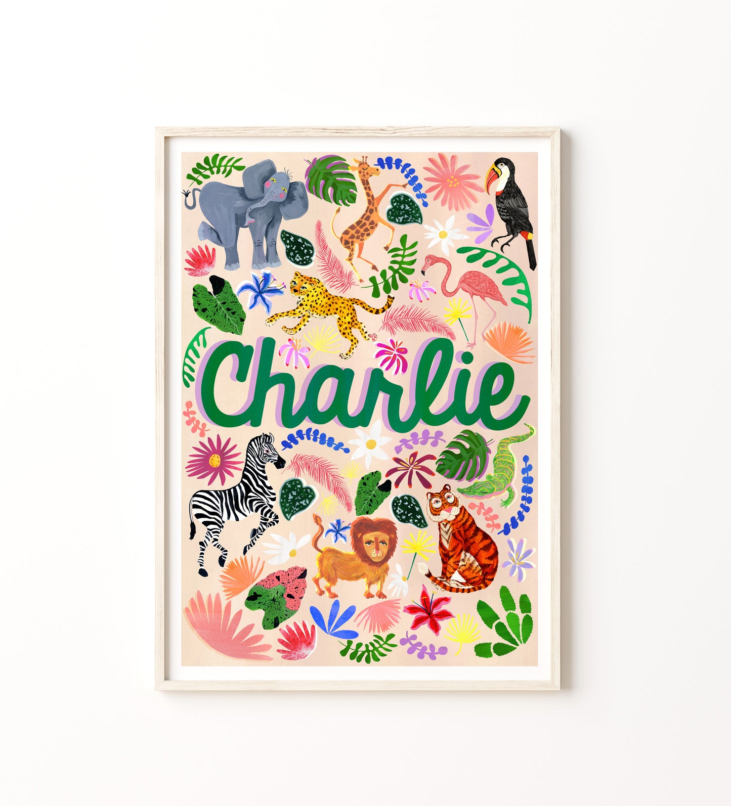 Colorful children's poster with animals and the name 'Charlie' on a white background