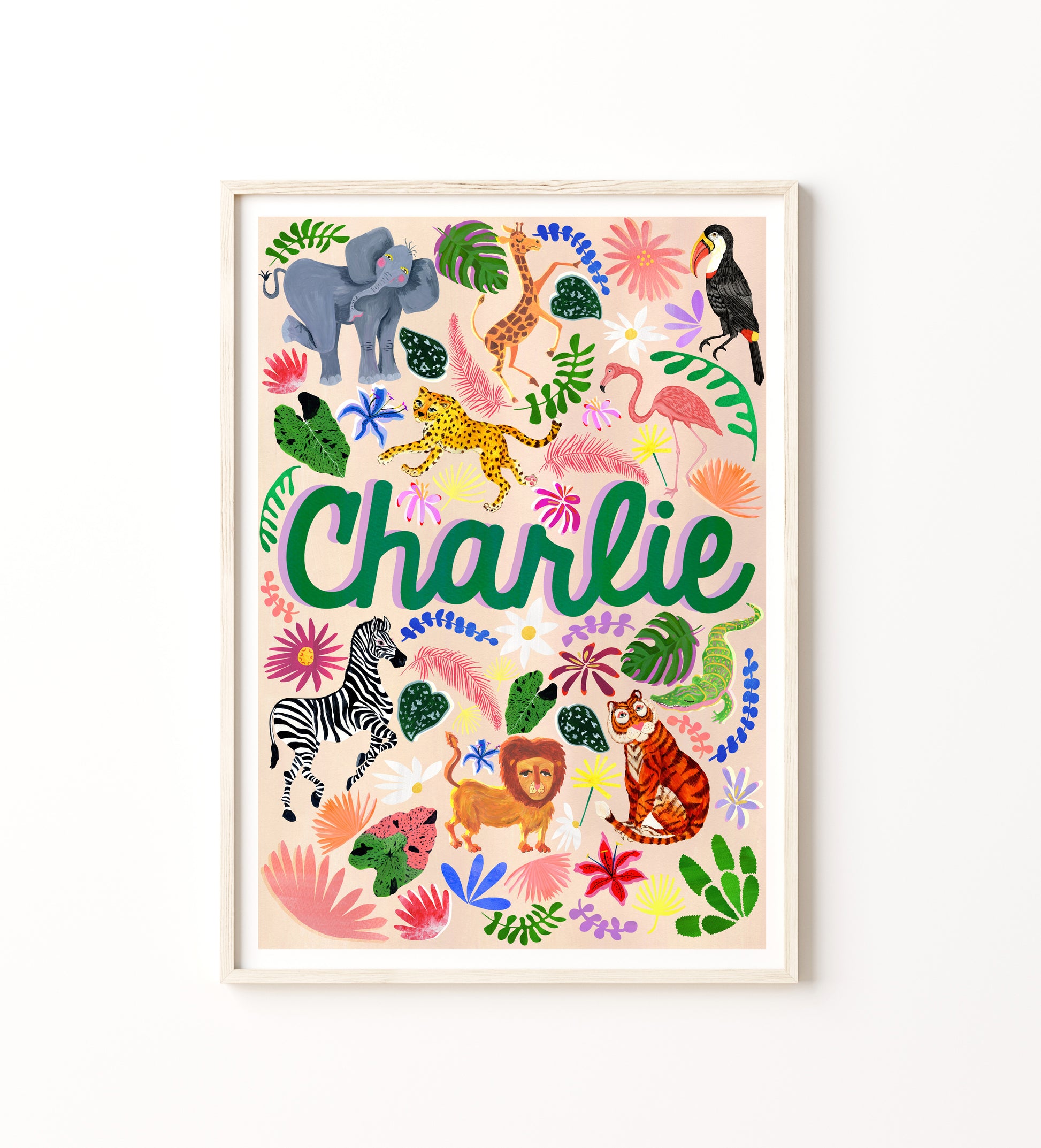 Colorful children's poster with animals and the name 'Charlie' on a white background