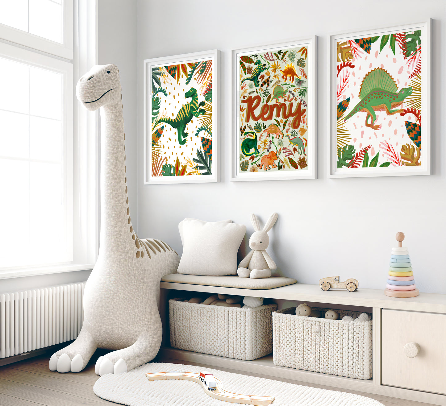 Children's room with dinosaur-themed wall art and toys