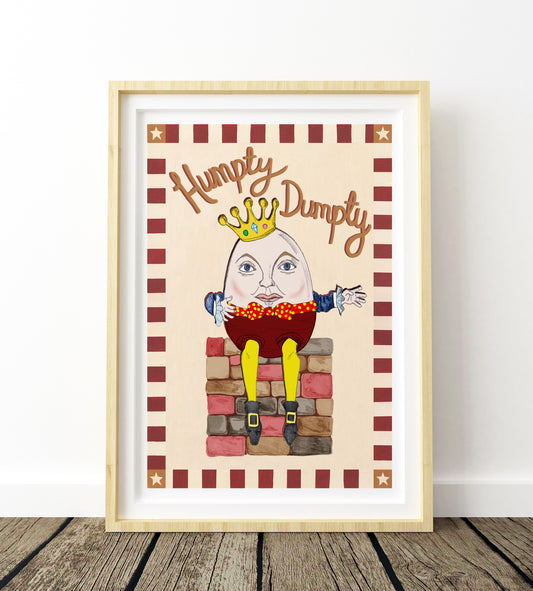 Framed illustration of Humpty Dumpty on a wall.