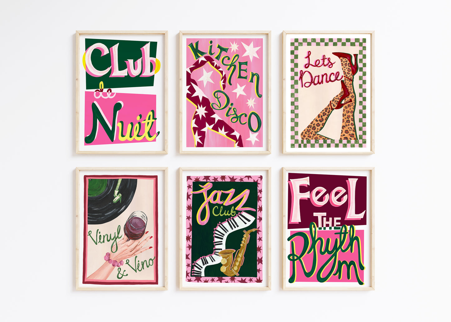 Set of six framed art prints with vintage-style text and graphics on a white background