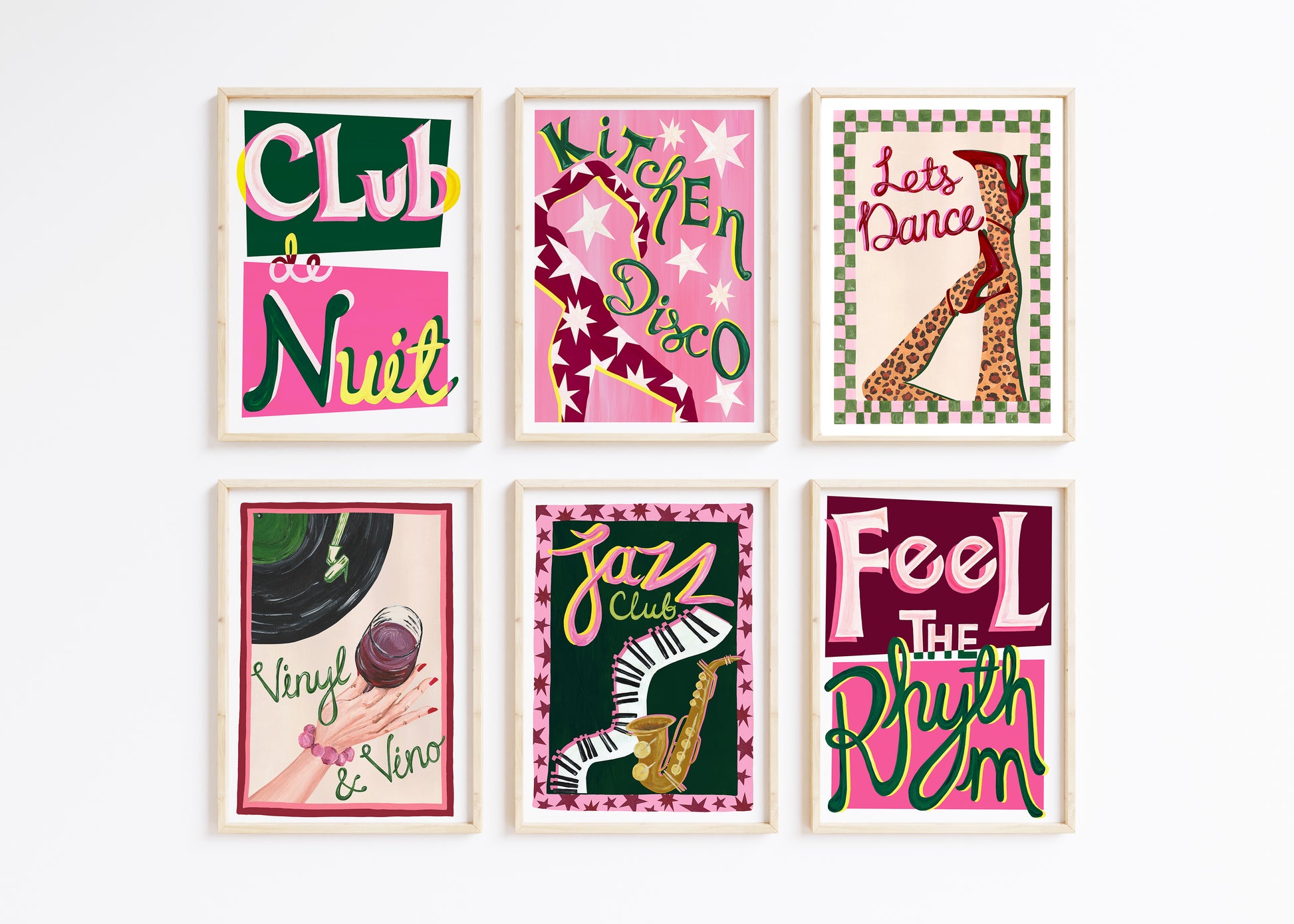 Set of six framed art prints with vintage-style text and graphics on a white background