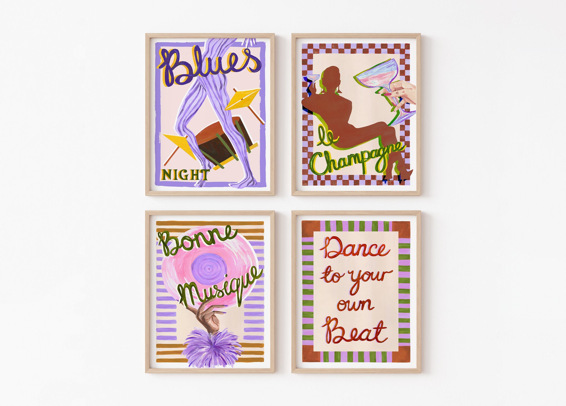 Four framed posters with colorful text and graphics on a white background