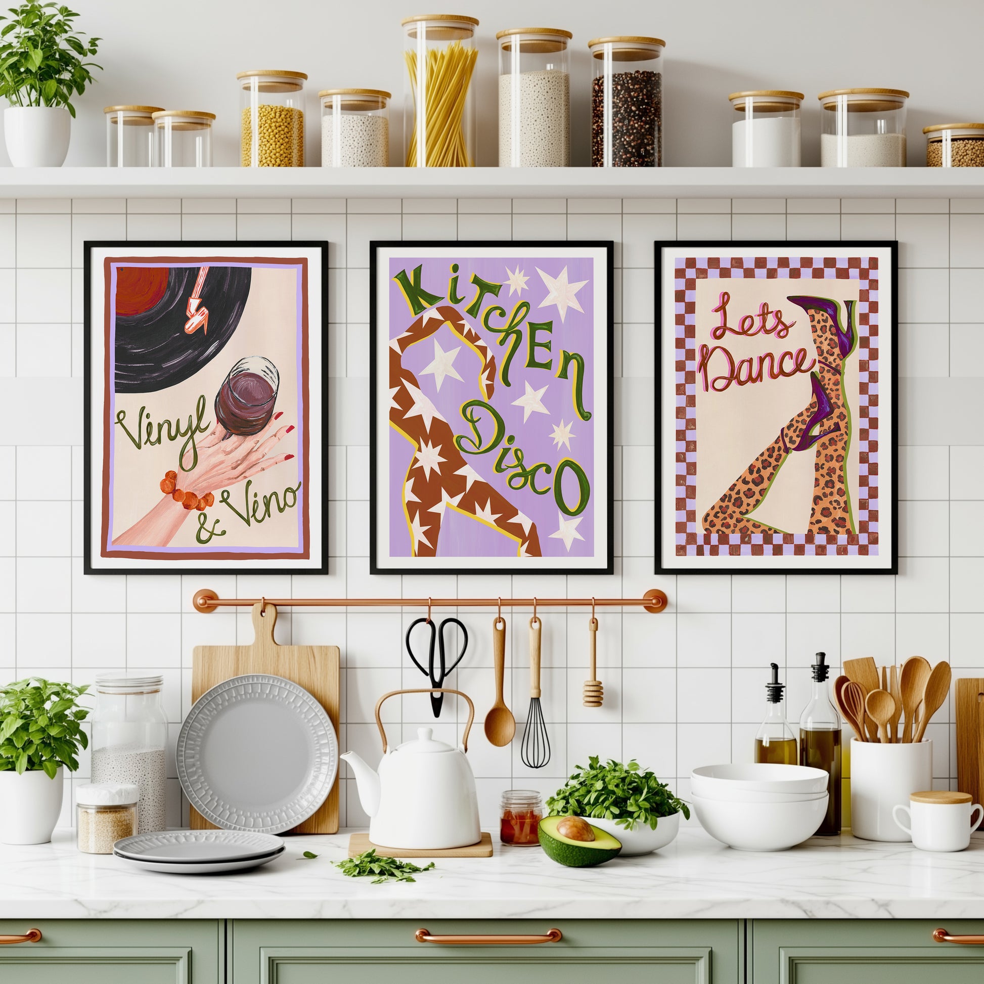 Colorful kitchen decor with posters, utensils, and ingredients on a white tiled wall.