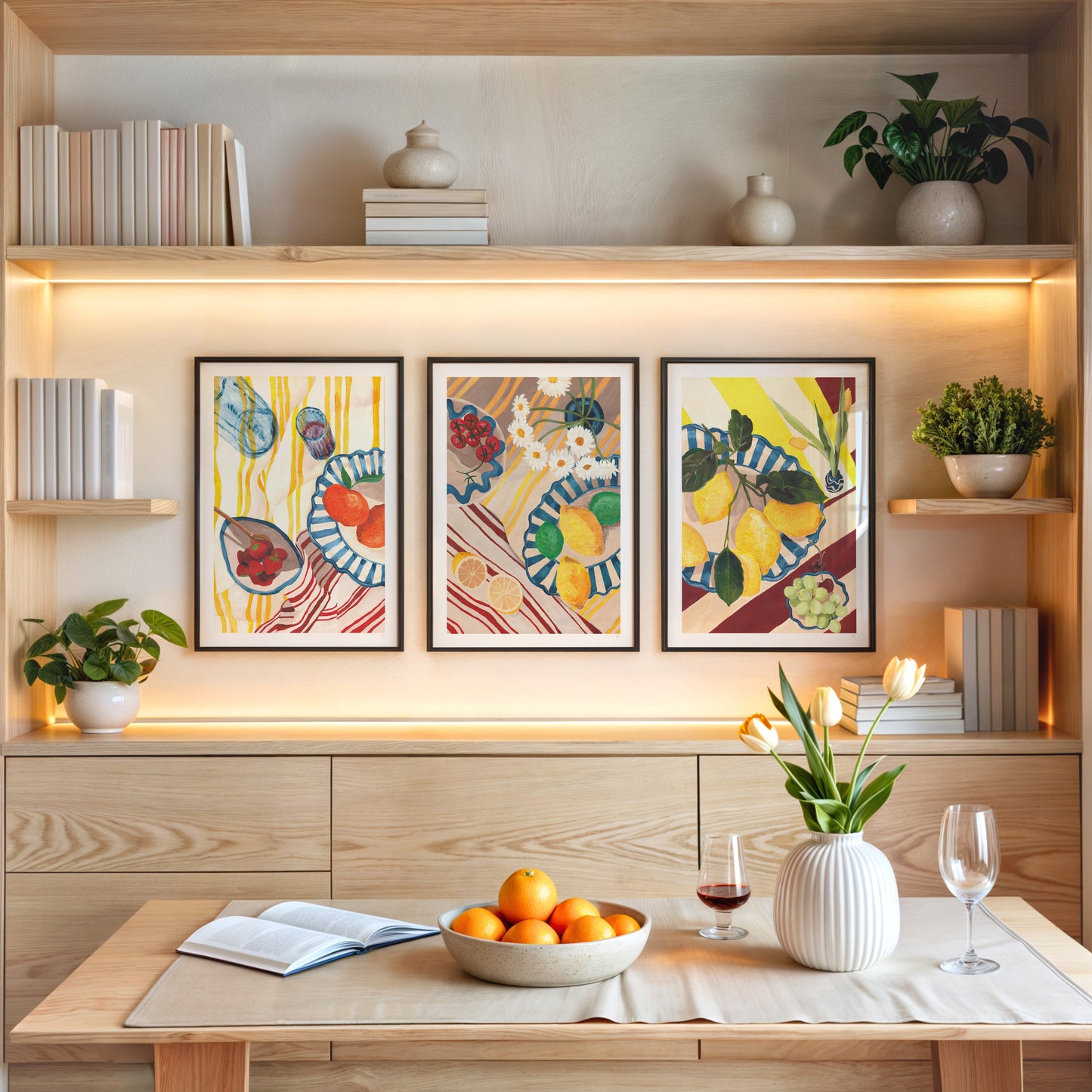 Modern kitchen with wooden shelves, colorful artworks, and a table with fruit and wine glasses.