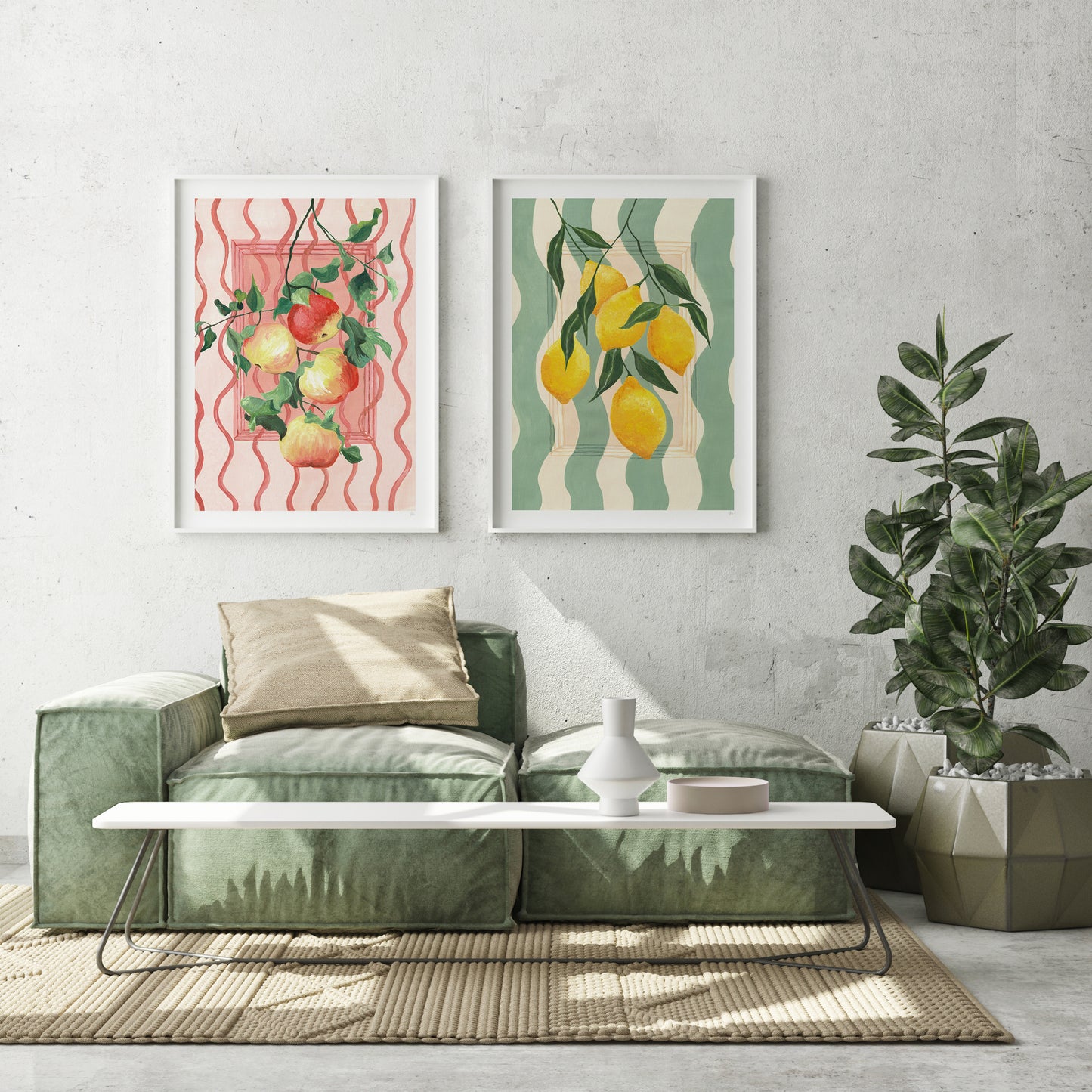 Modern living room with a green sofa, coffee table, and fruit-themed wall art.