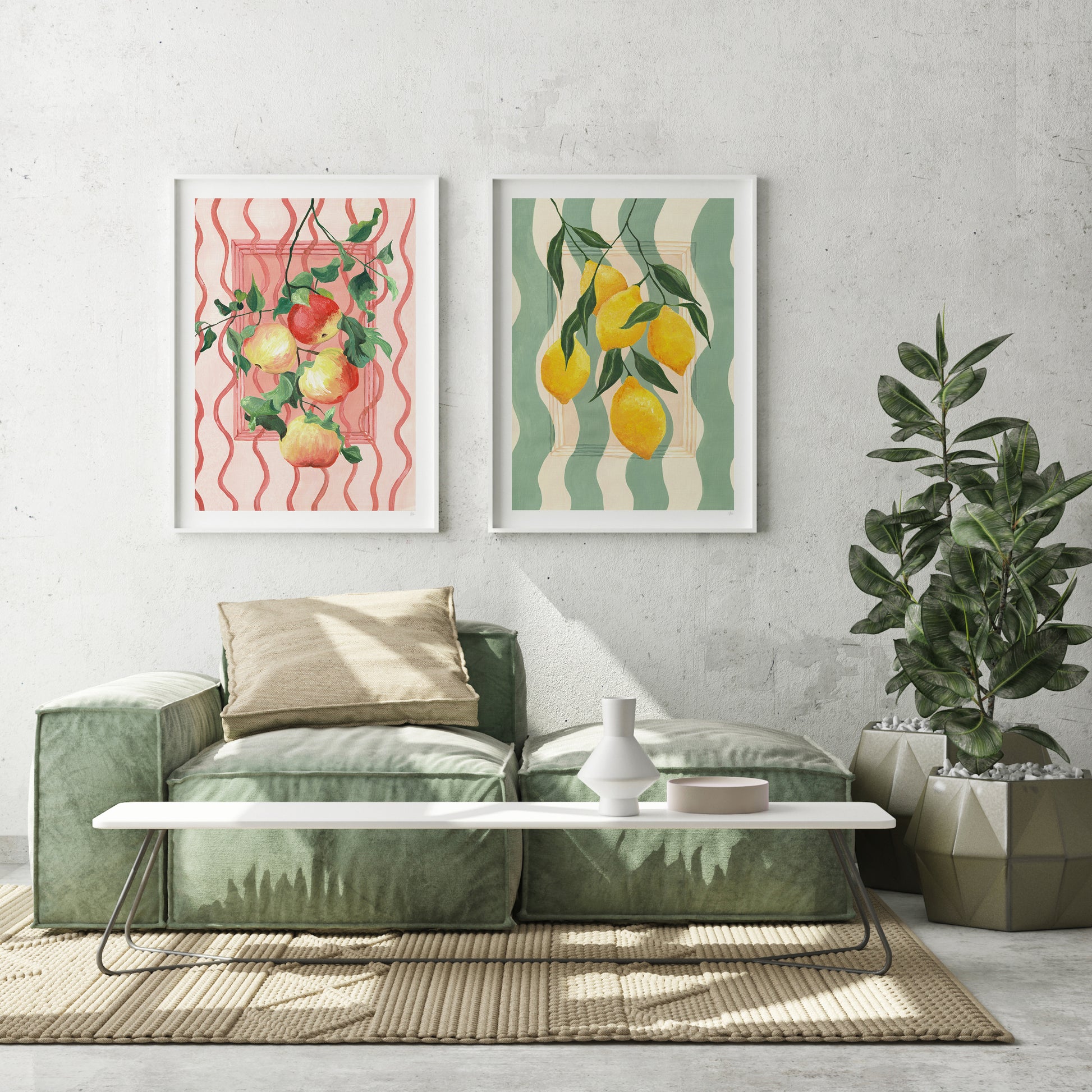 Modern living room with a green sofa, coffee table, and fruit-themed wall art.