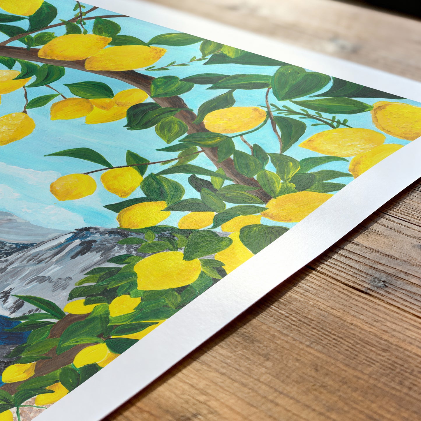 Art print of a lemon tree with lemons on a wooden surface