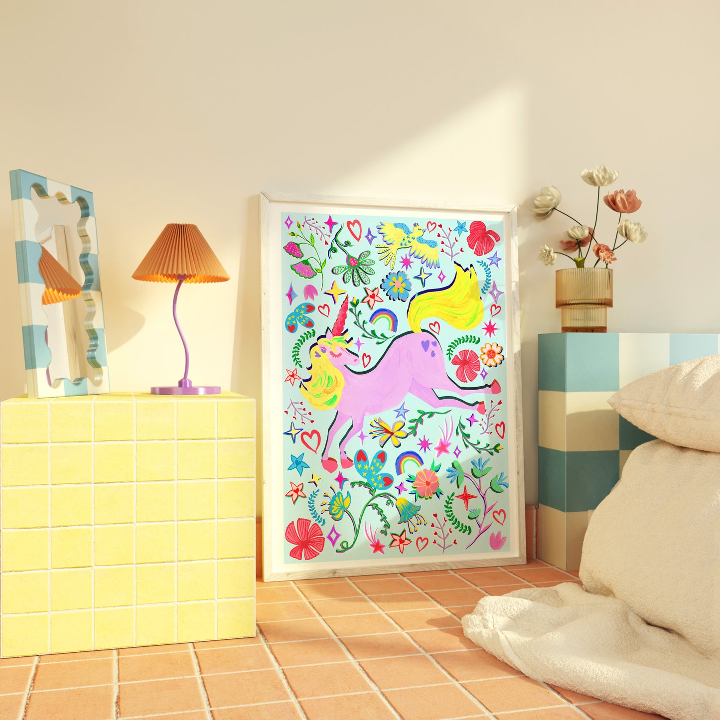 a colourful unicorn painting in a modern bedroom with colourful decor.