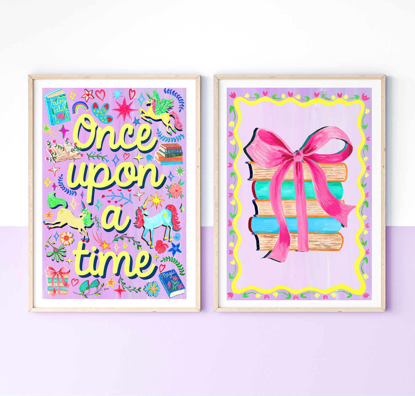 Two colorful prints with 'Once upon a time' text and book illustrations on a white background.