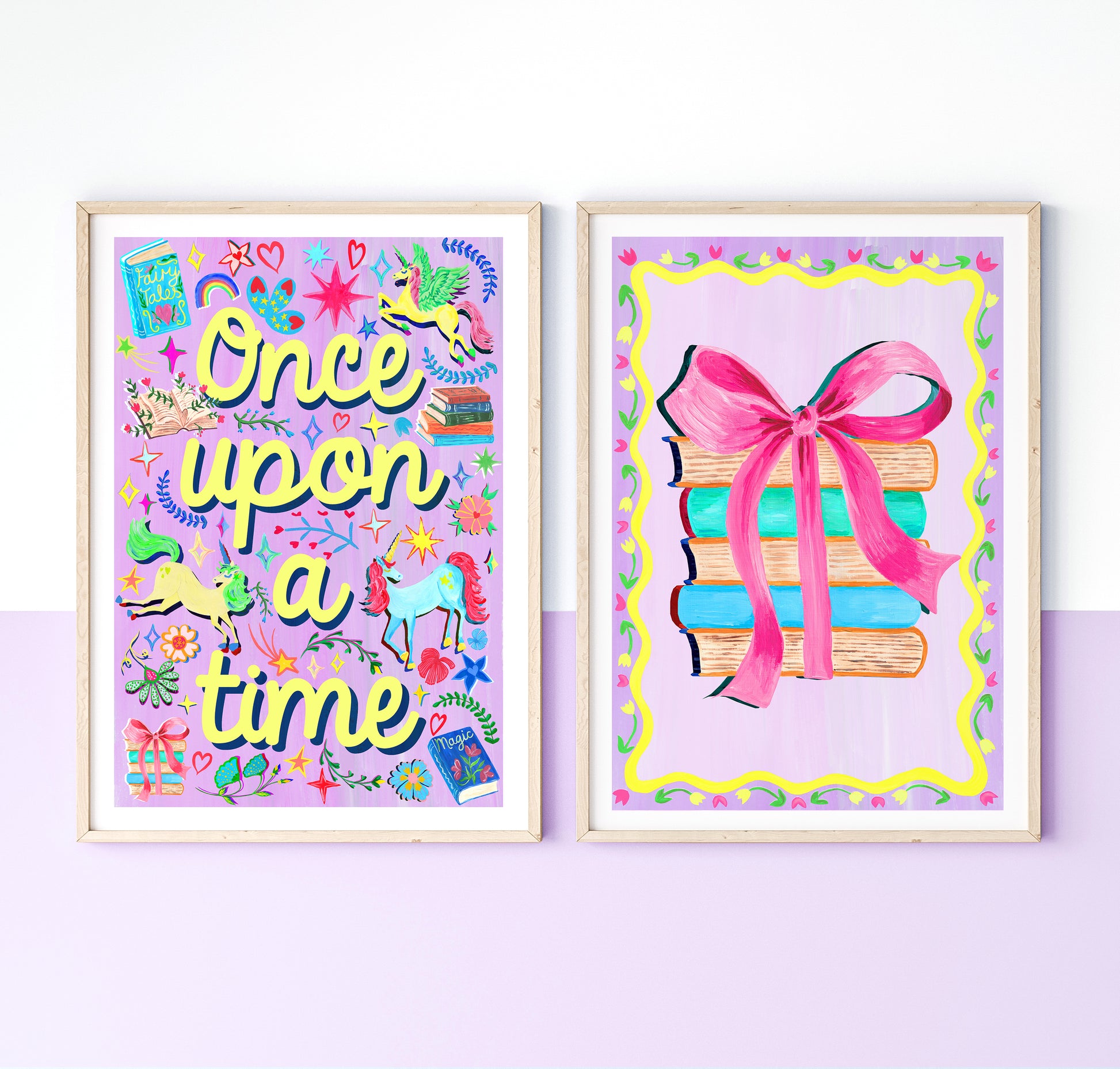 Two colorful prints with 'Once upon a time' text and book illustrations on a white background.