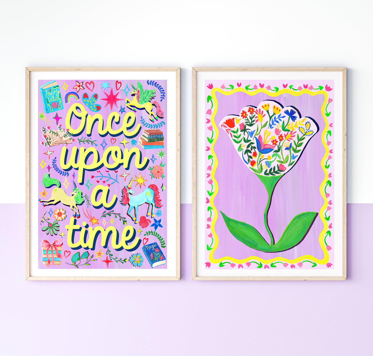 Two colorful framed artworks on a white background with a purple stripe.