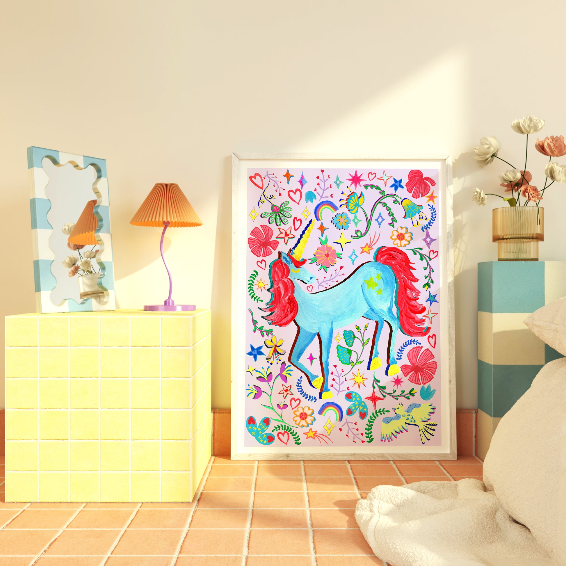 Colorful unicorn artwork on a wall in a room with decor elements.