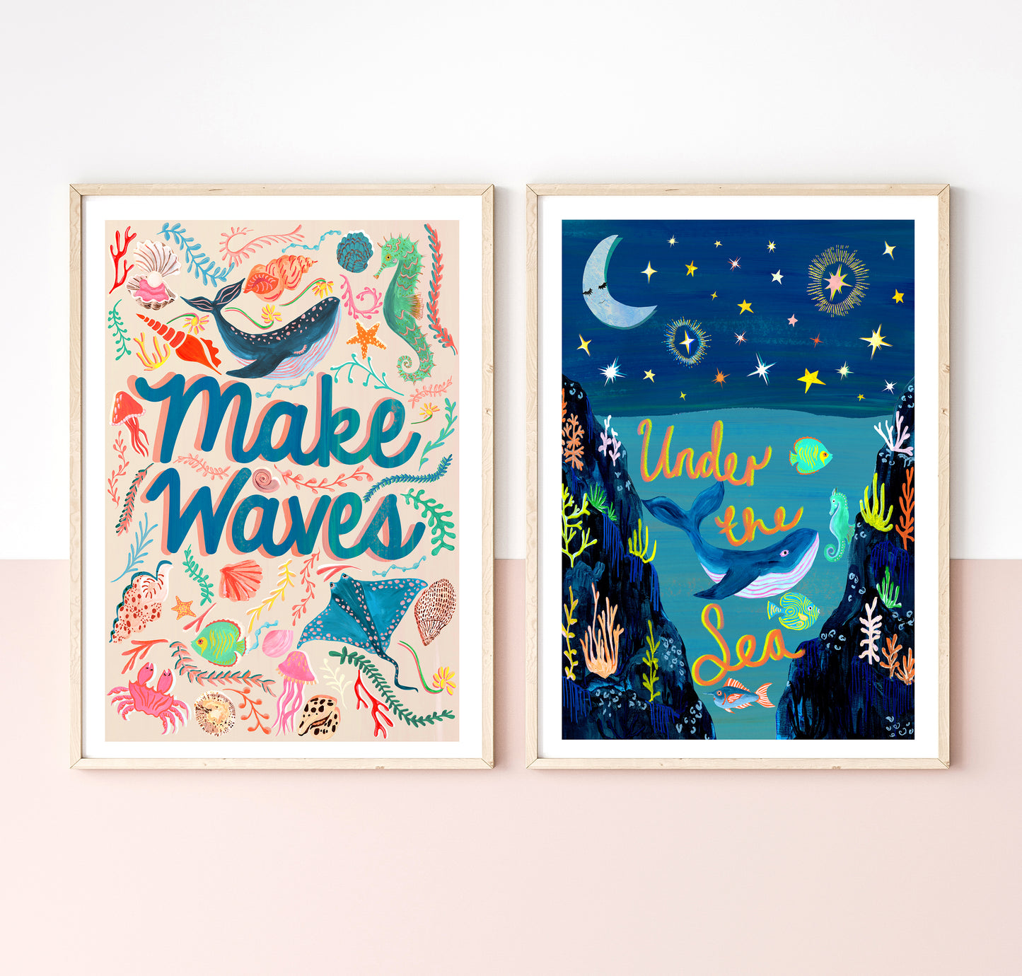 Two framed illustrations of marine life with text on a white wall.