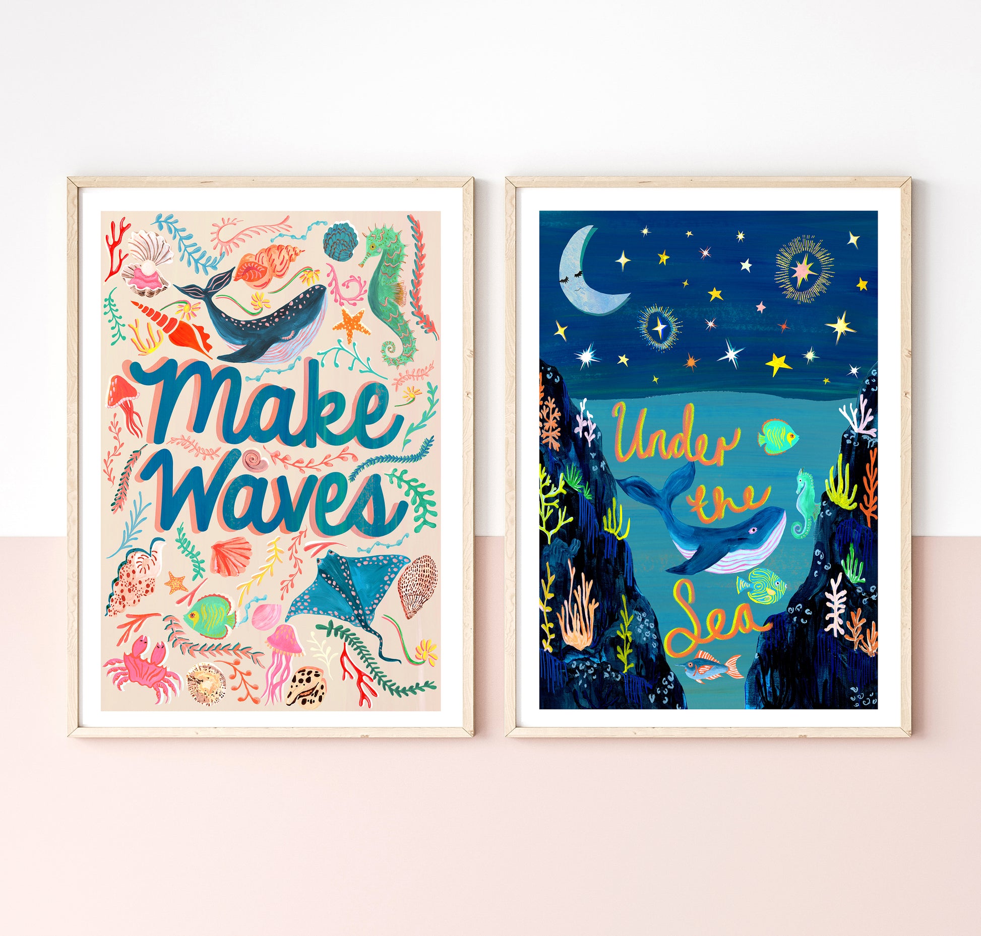 Two framed illustrations of marine life with text on a white wall.
