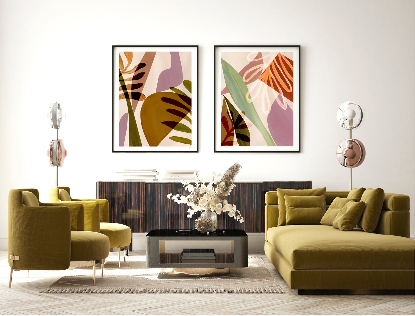 Modern living room with green sofa, armchair, and abstract art on the wall.