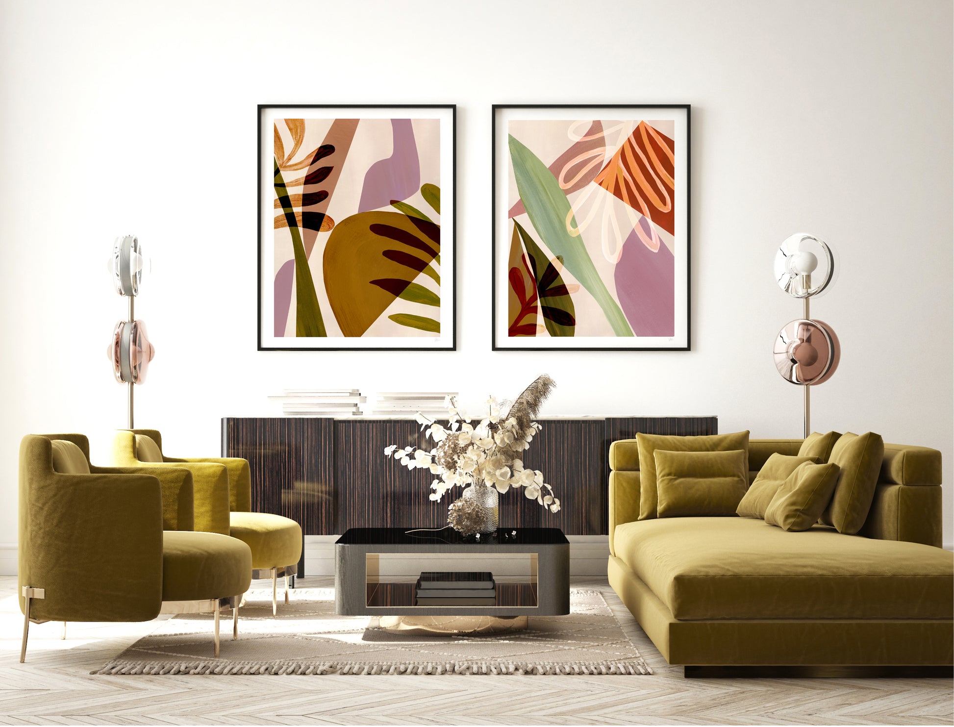Modern living room with green sofa, armchair, and abstract art on the wall.