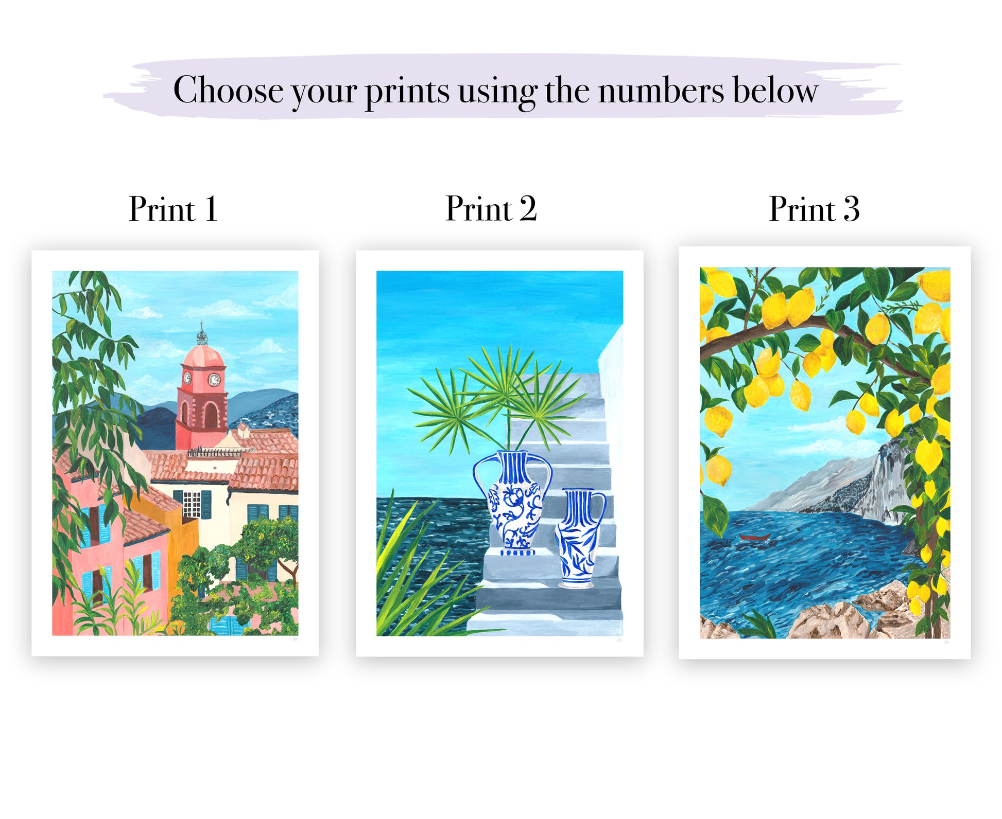 colourful blue mediterranean landscape print set of 3