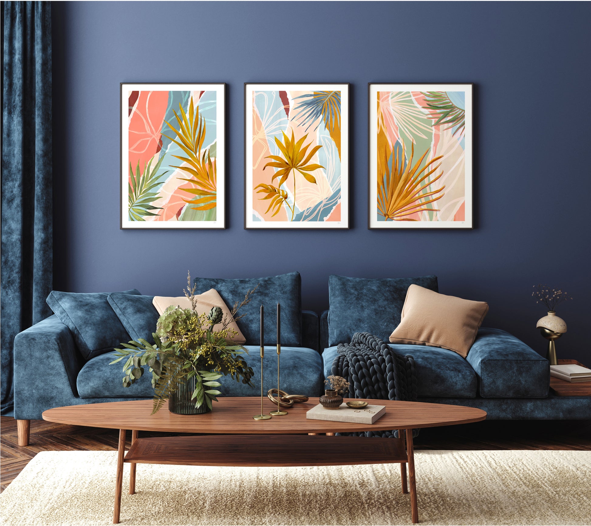 Living room with blue sofa, wooden coffee table, and colorful abstract wall art.