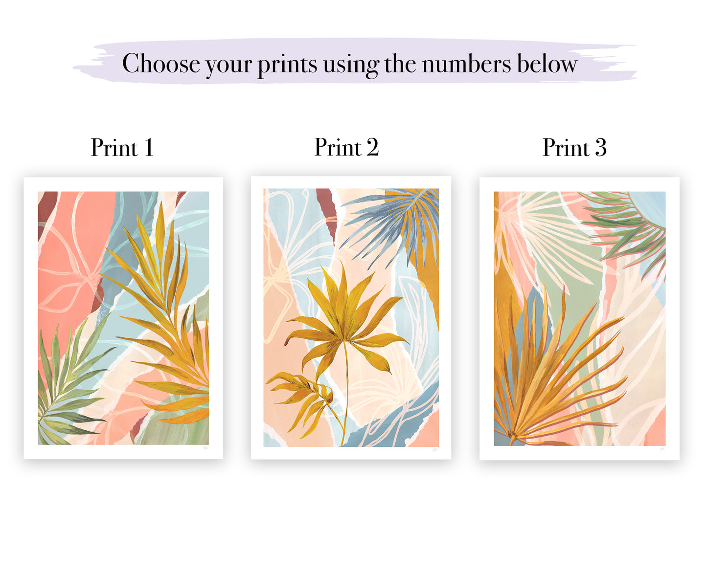 Three tropical leaf prints with colorful designs on a white background.