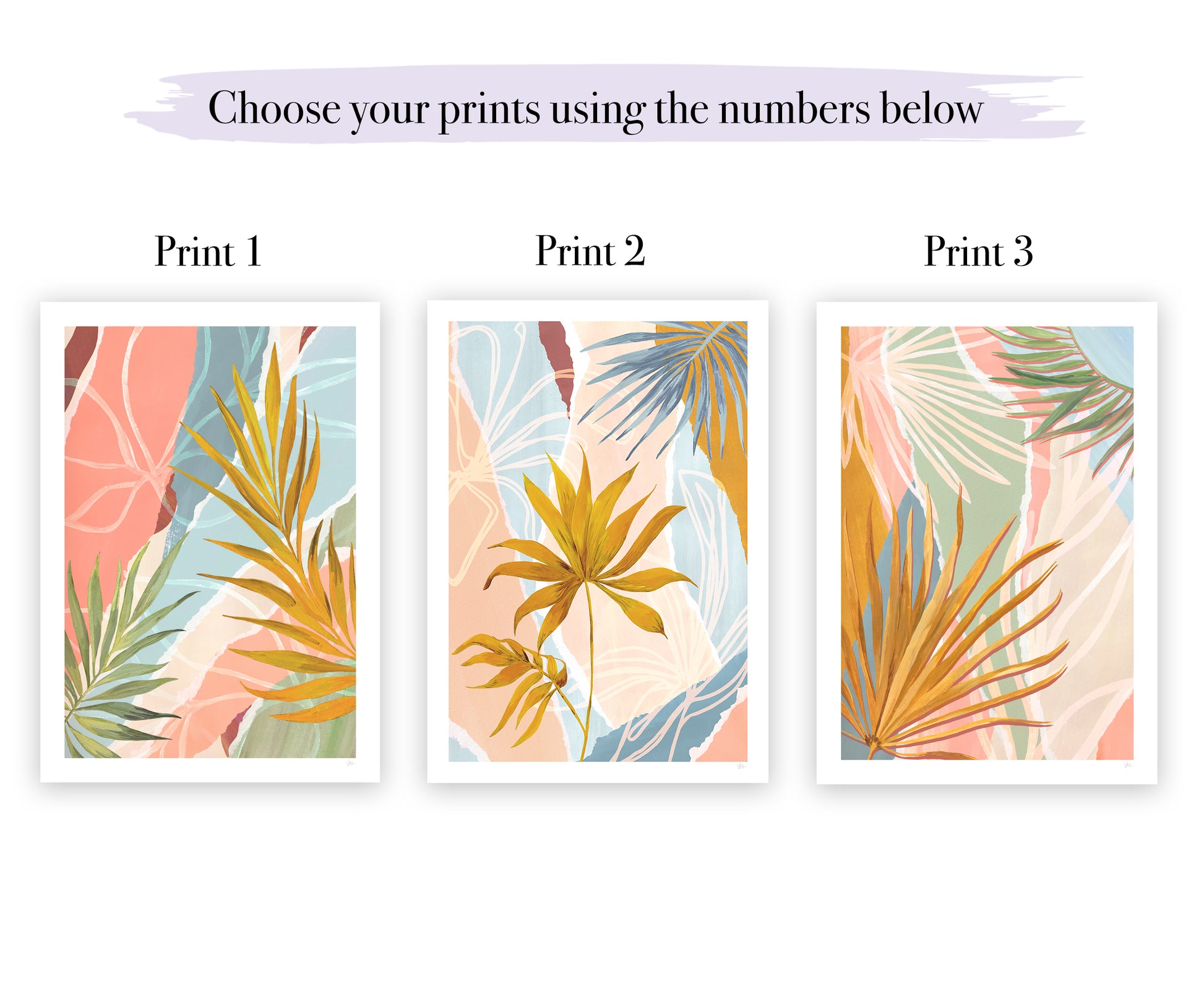 Three tropical leaf prints with colorful designs on a white background.