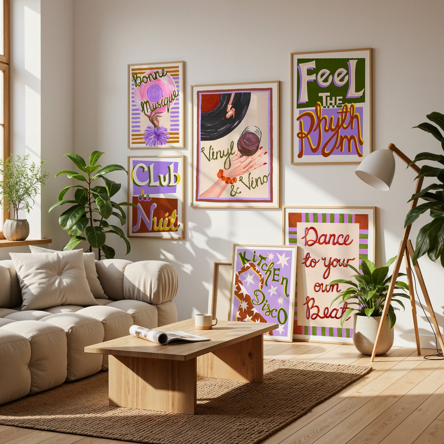 Living room with colorful wall art and a wooden coffee table.