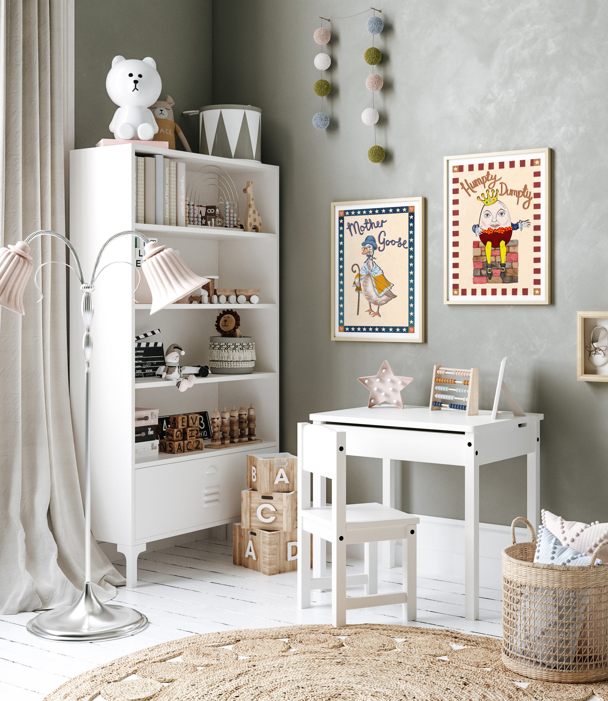Children's room with white bookshelf, desk, and decor items on a gray wall.