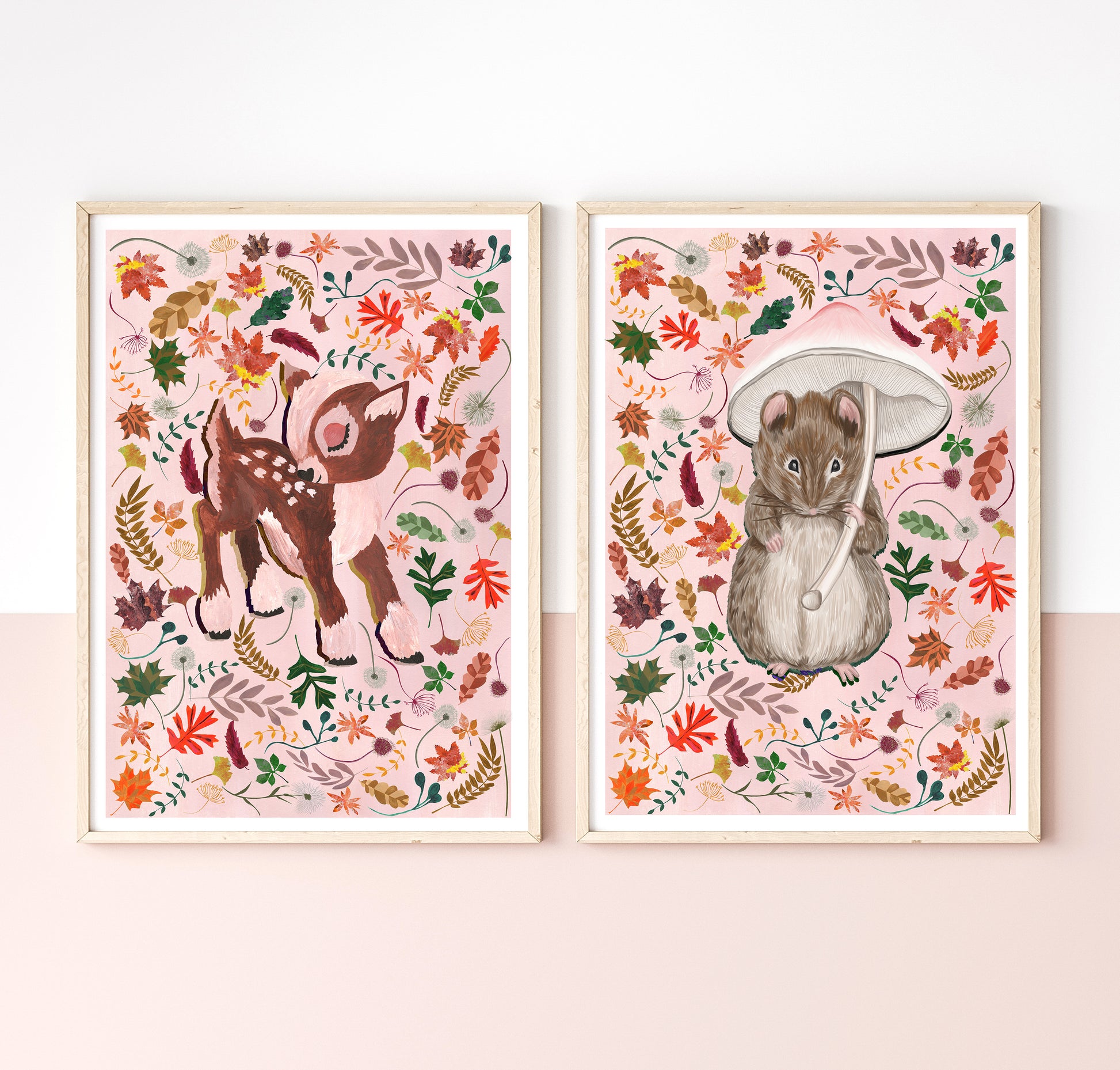 Two framed illustrations of a deer and a mouse on a floral background.
