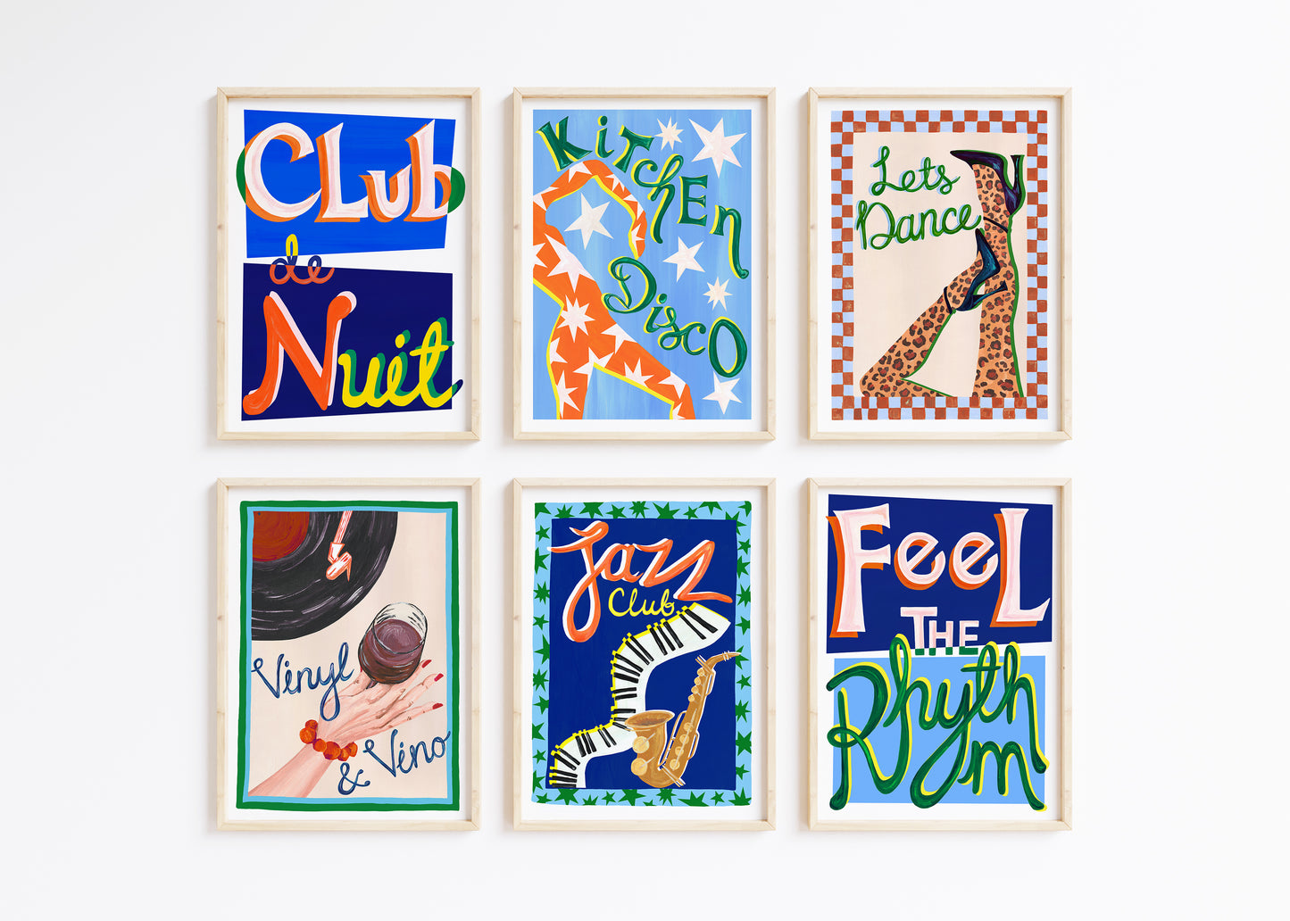 Set of six framed art prints with retro style text and graphics in a blue and orange colour palette on a white background
