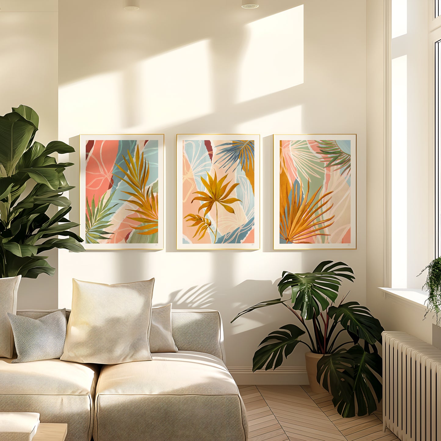Living room with a beige sofa, decorative pillows, and wall art featuring tropical leaves.