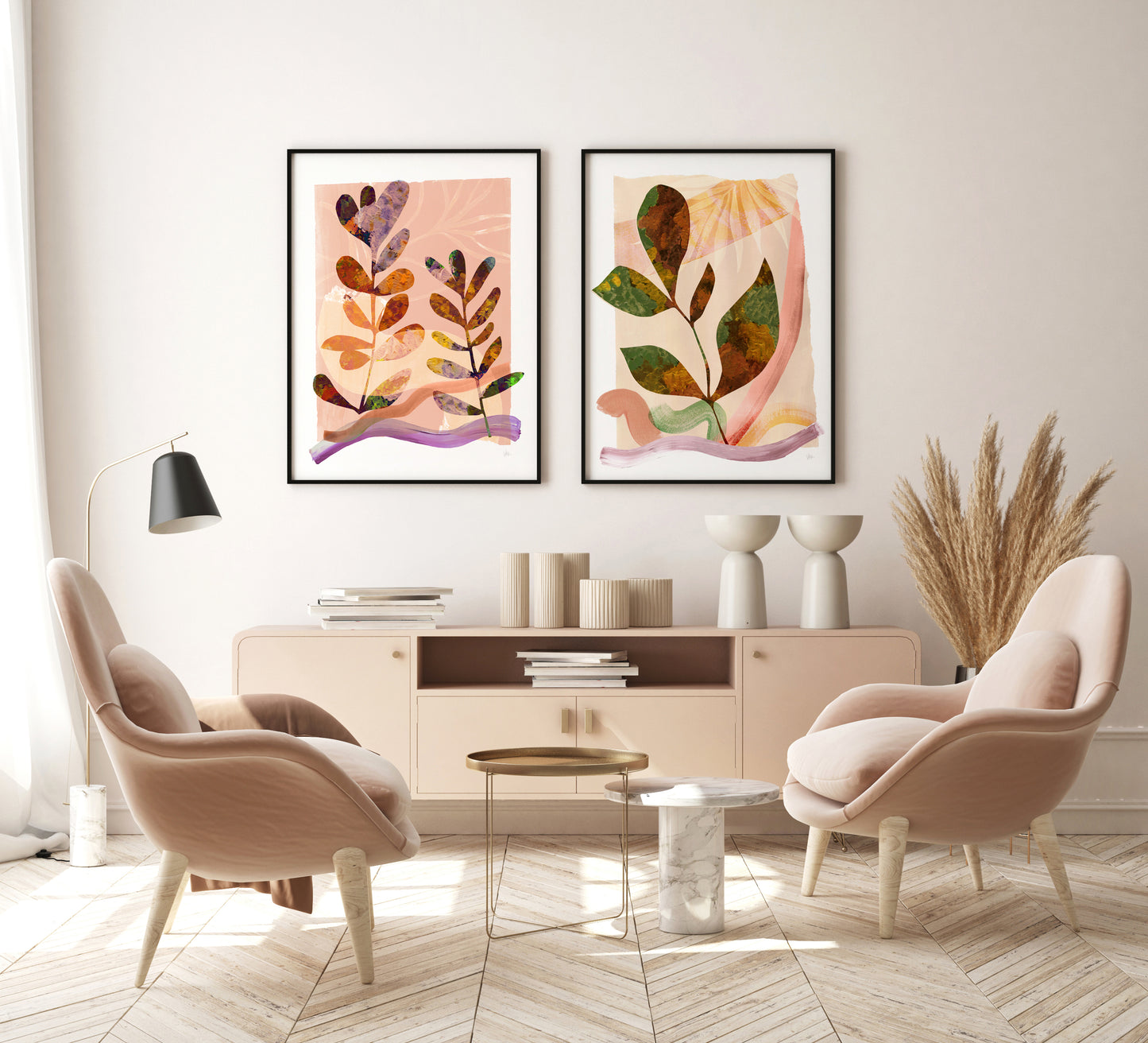 Modern living room with two abstract art pieces on the wall, two pink chairs, and a coffee table.