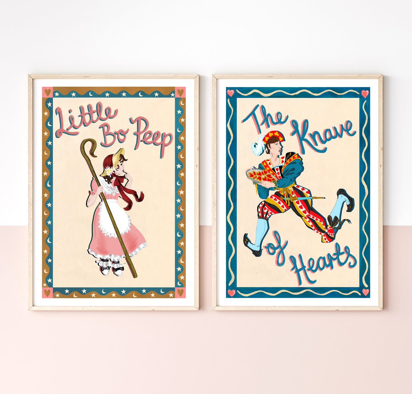 Two framed illustrations of 'Little Bo Peep' and 'The Knave of Hearts' on a light pink wall.