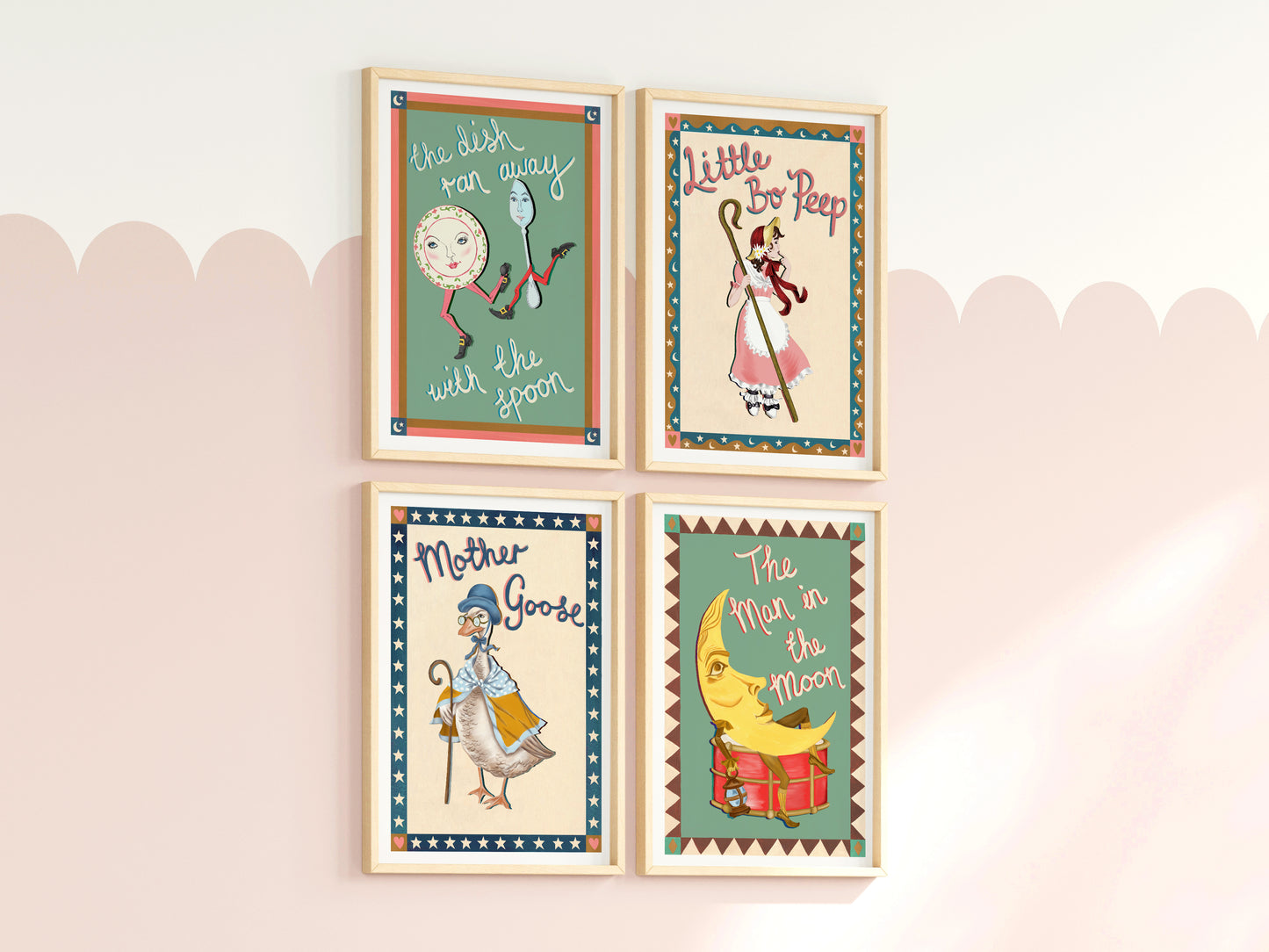 Set of four framed illustrations on a wall, featuring characters and text.